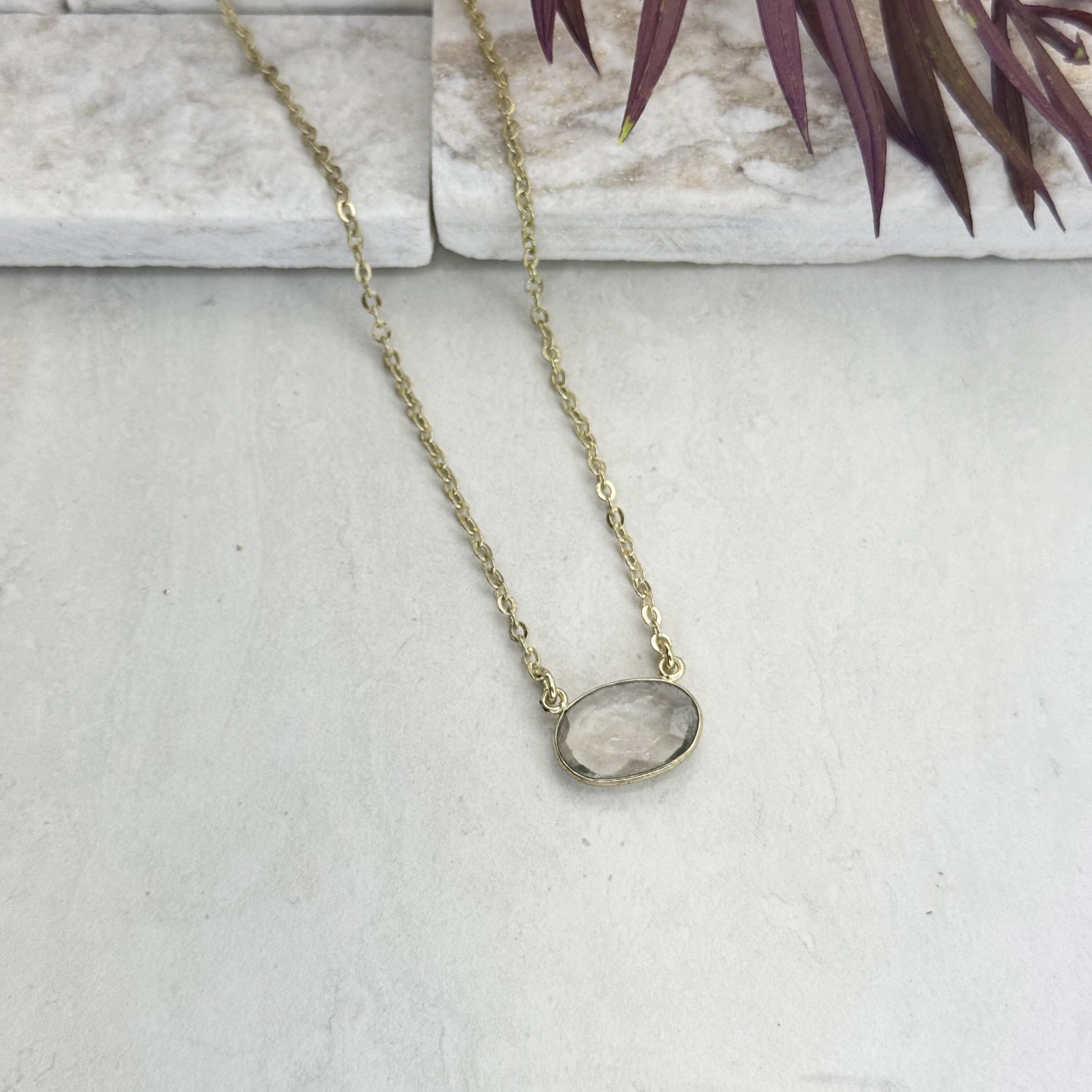 Gold Plated Necklace with Semi-Precious Stone - Quartz