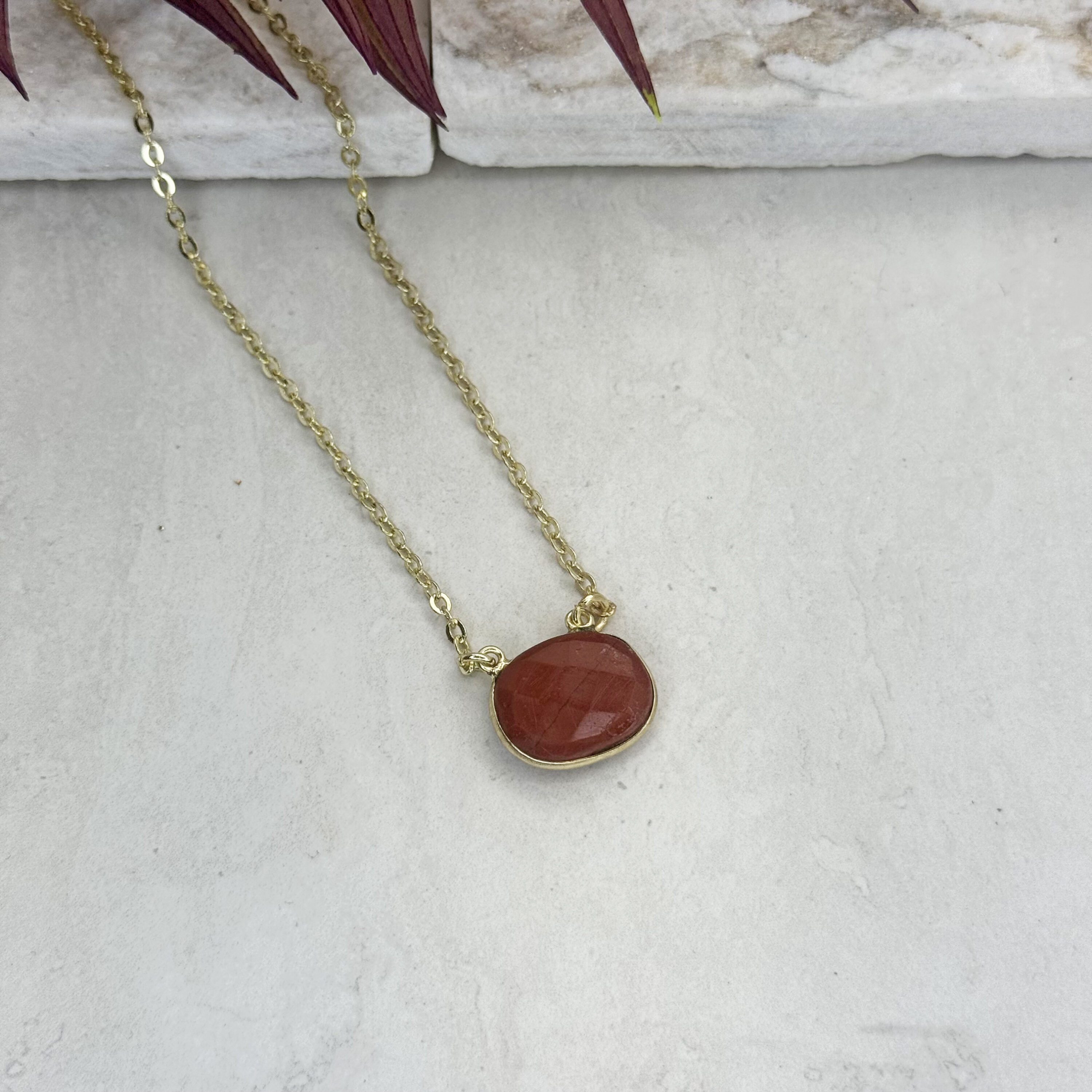 Gold Plated Necklace with Semi-Precious Stone - Red Jasper