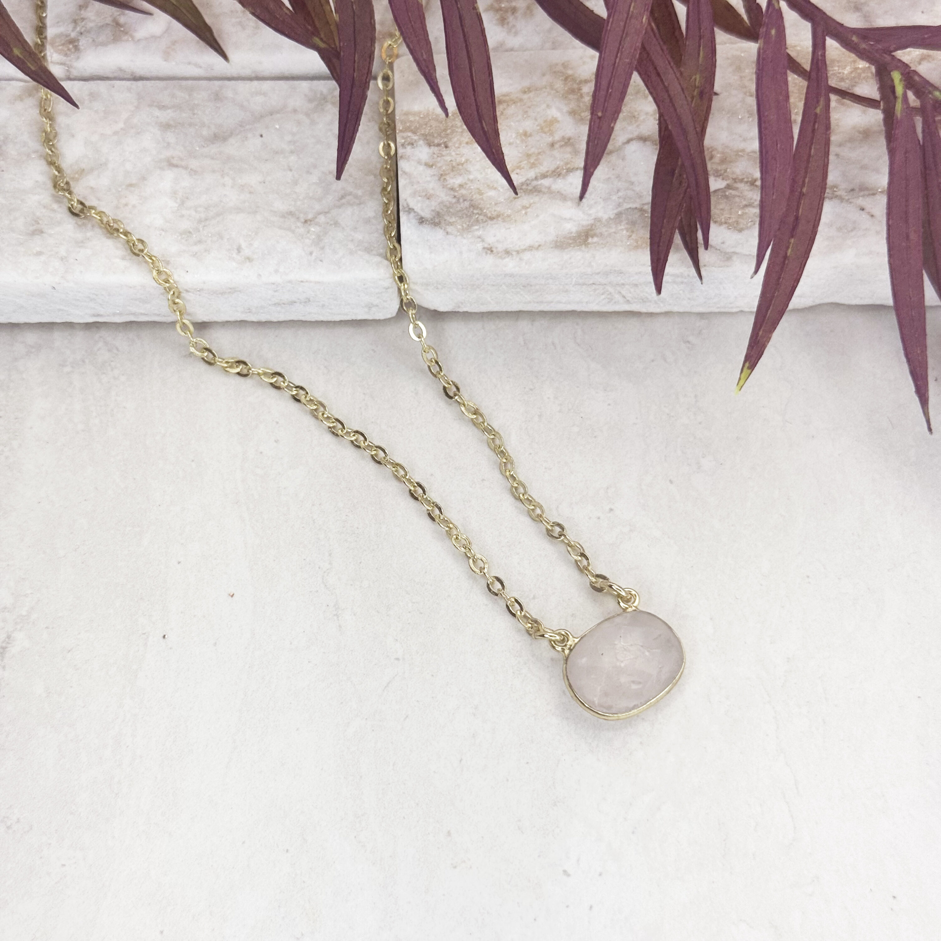 Gold Plated Necklace with Semi-Precious Stone - Rose Quartz