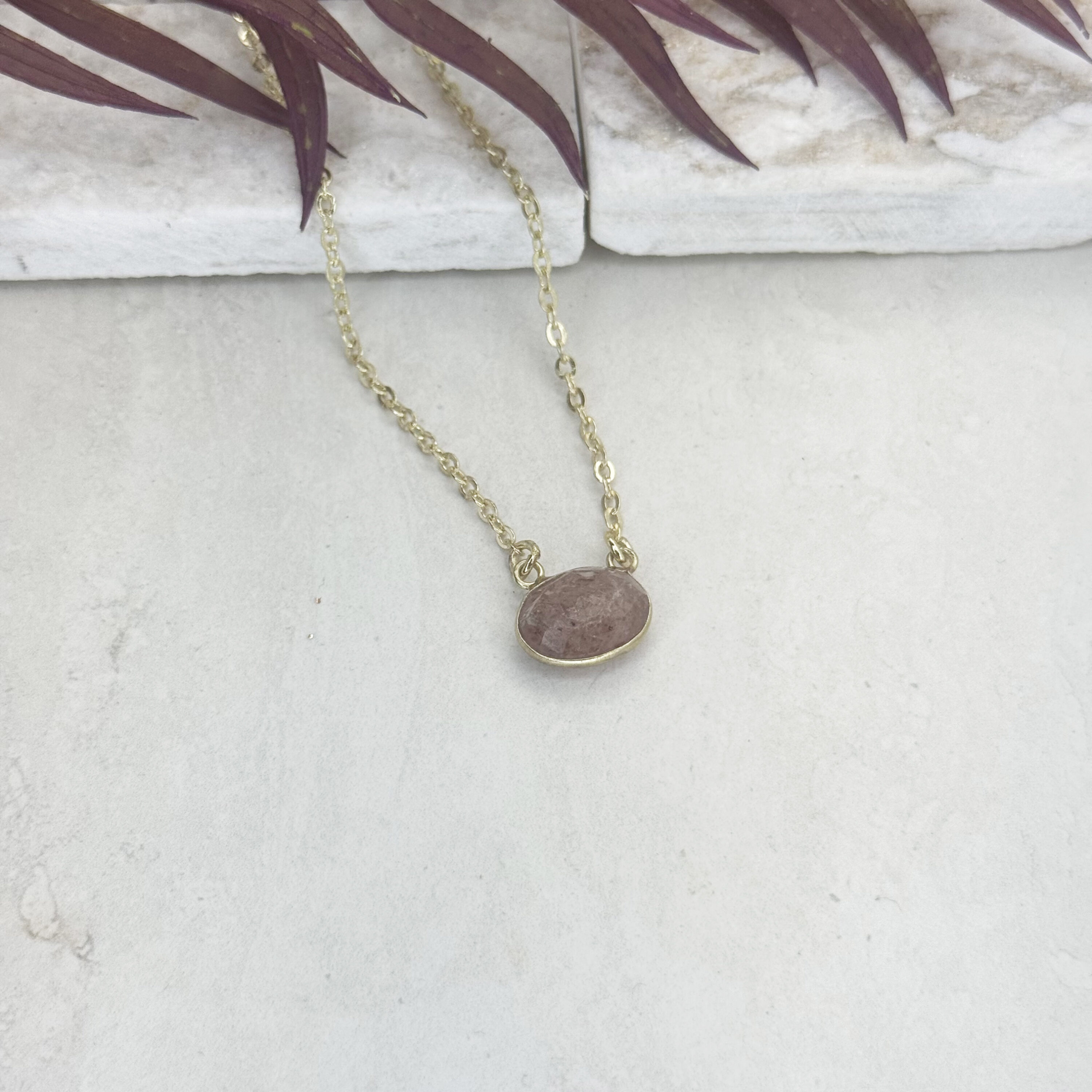 Gold Plated Necklace with Semi-Precious Stone - Strawberry Quartz