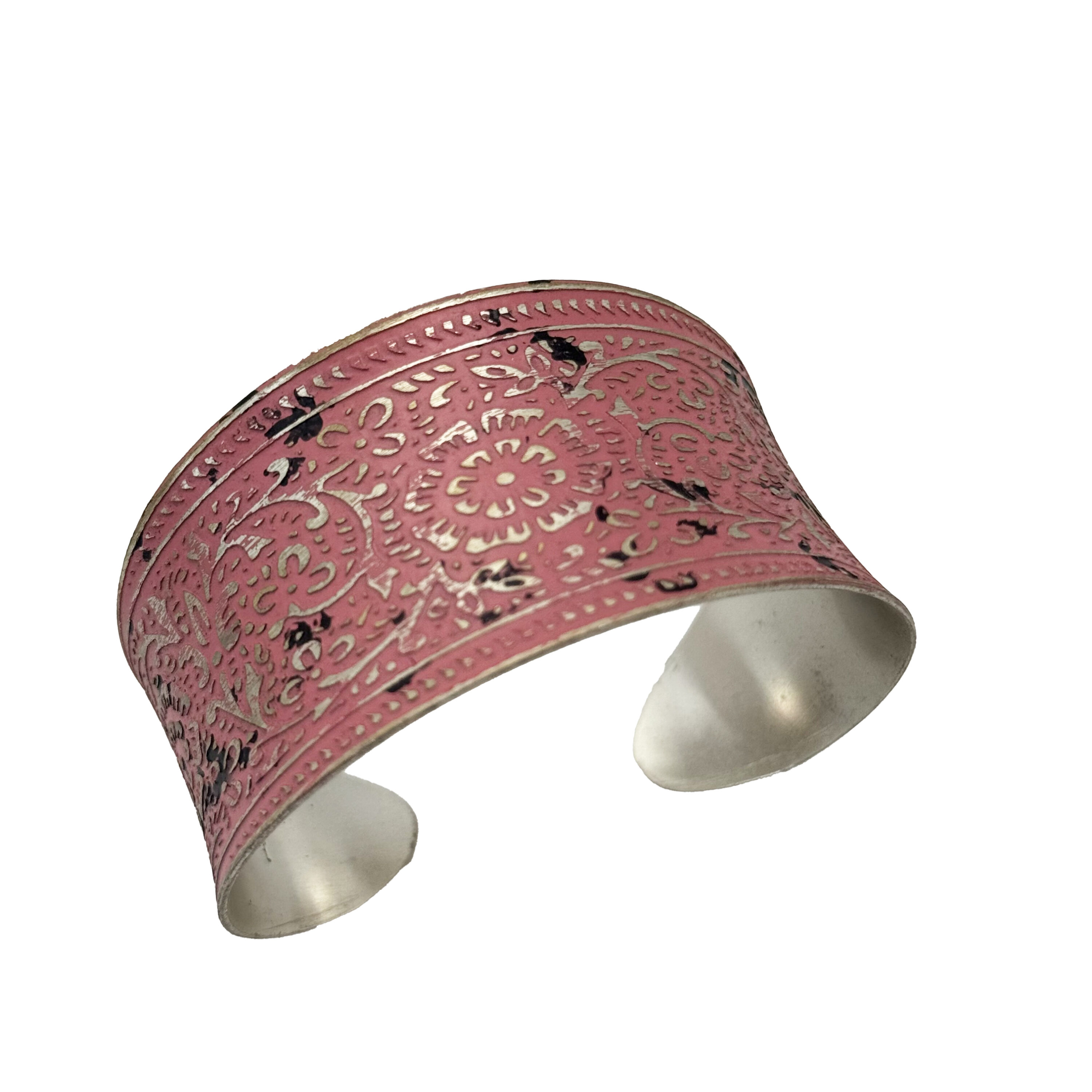 Silver Patina Pink Floral Cuff