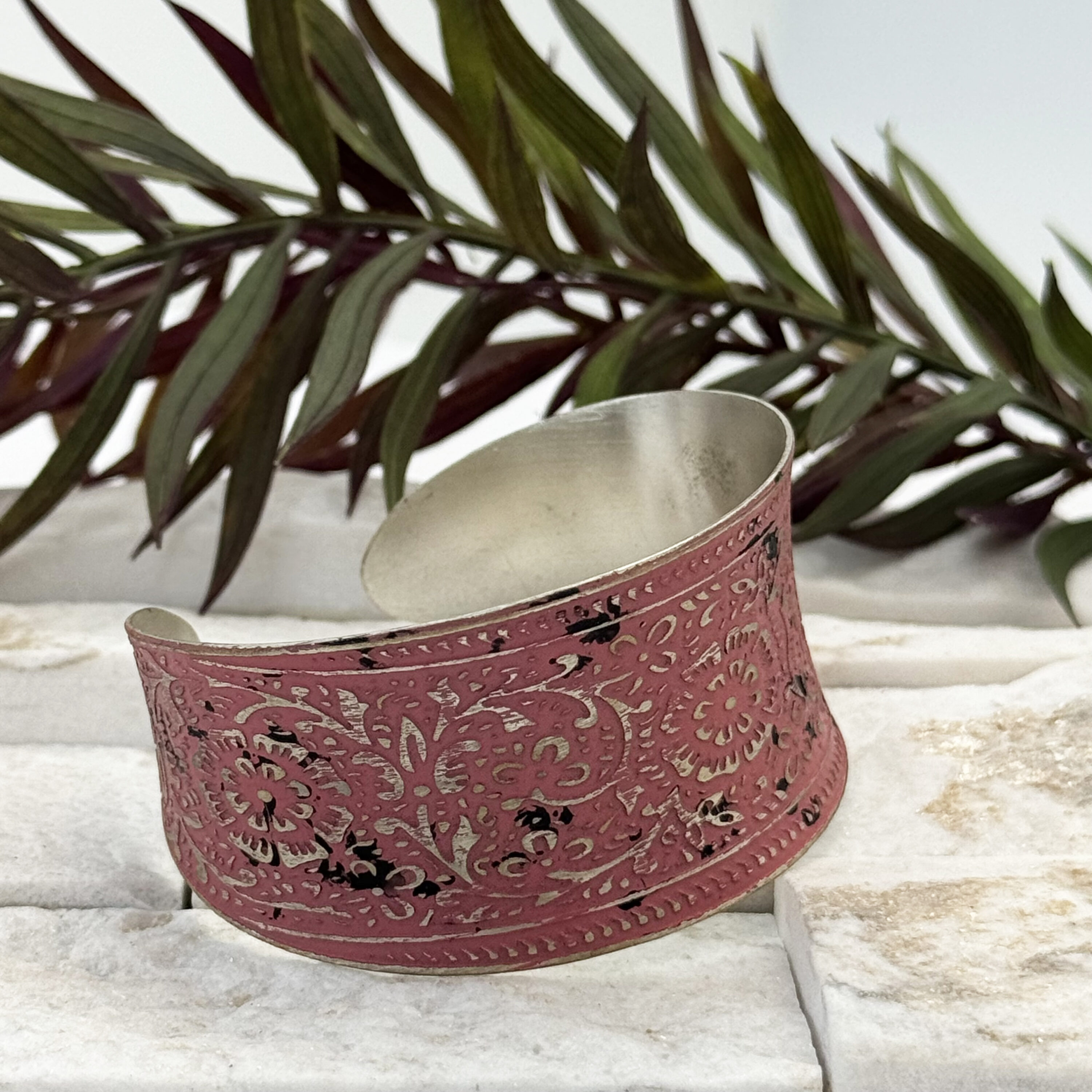 Silver Patina Pink Floral Cuff