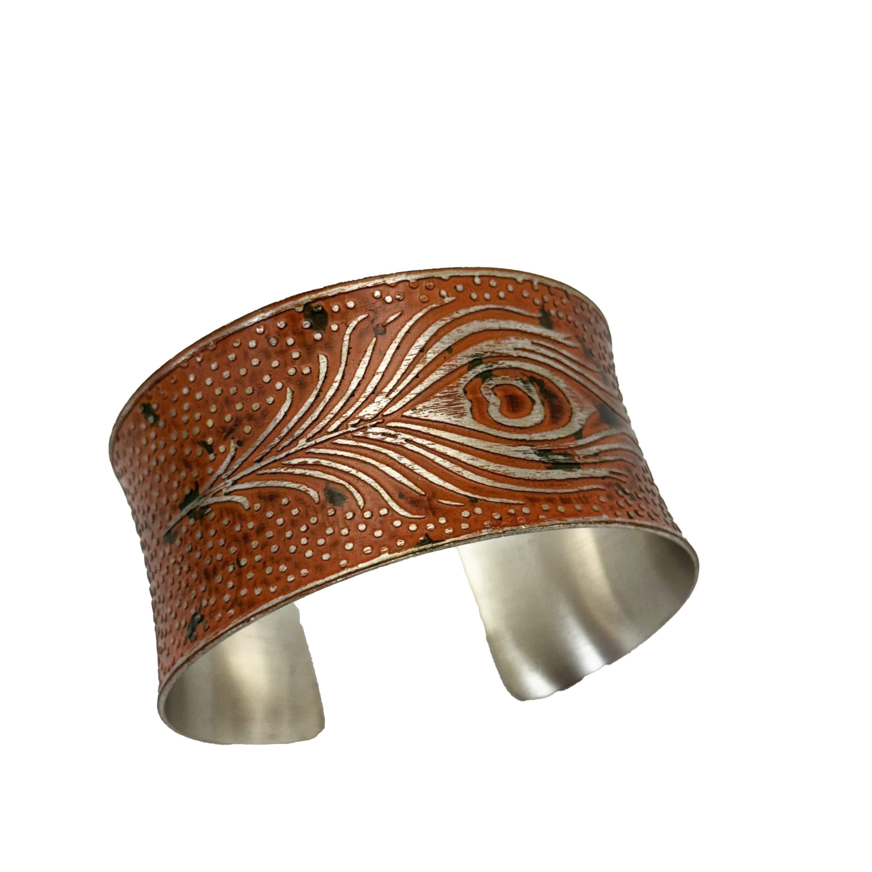 Silver Patina Orange Peacock Feather Cuff