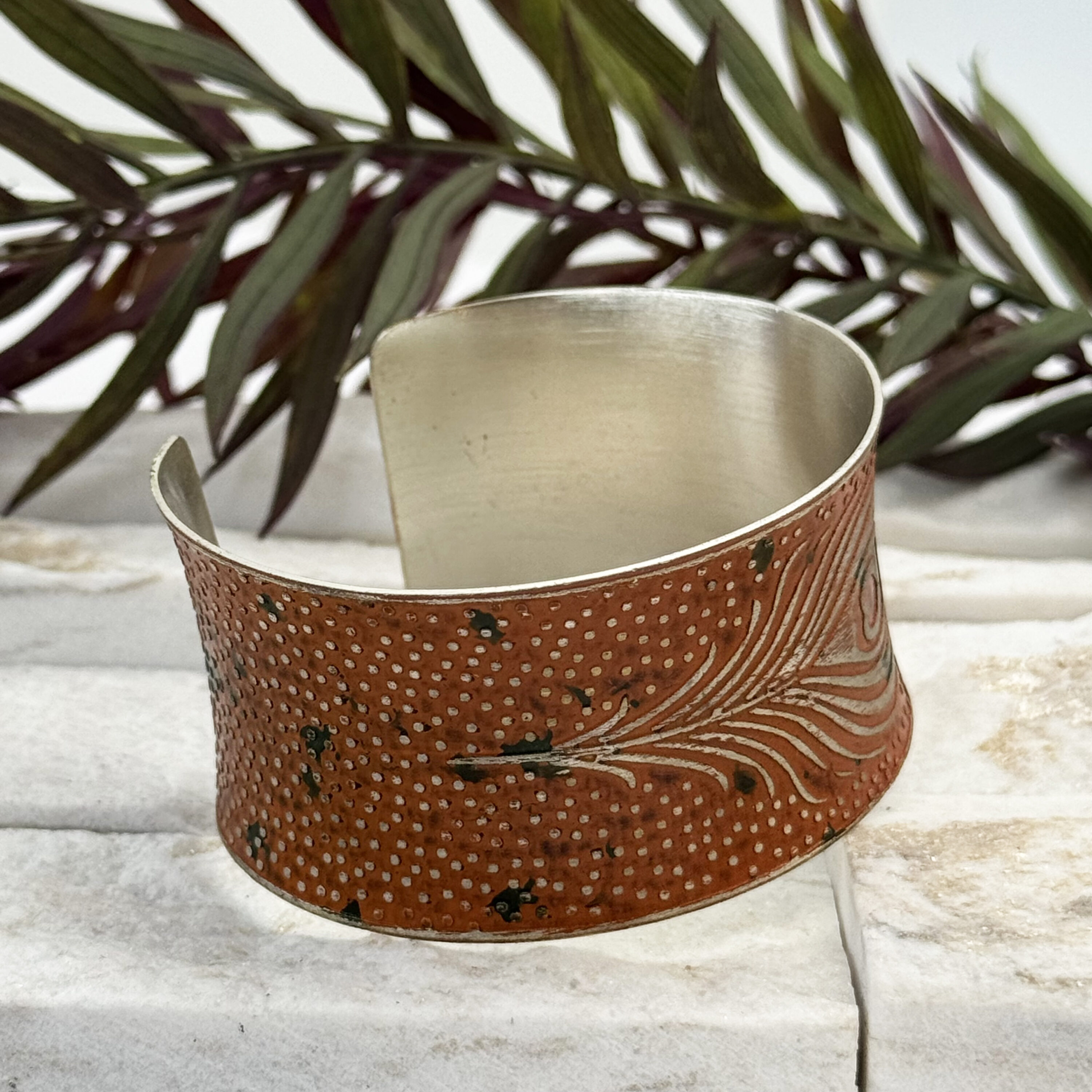 Silver Patina Orange Peacock Feather Cuff