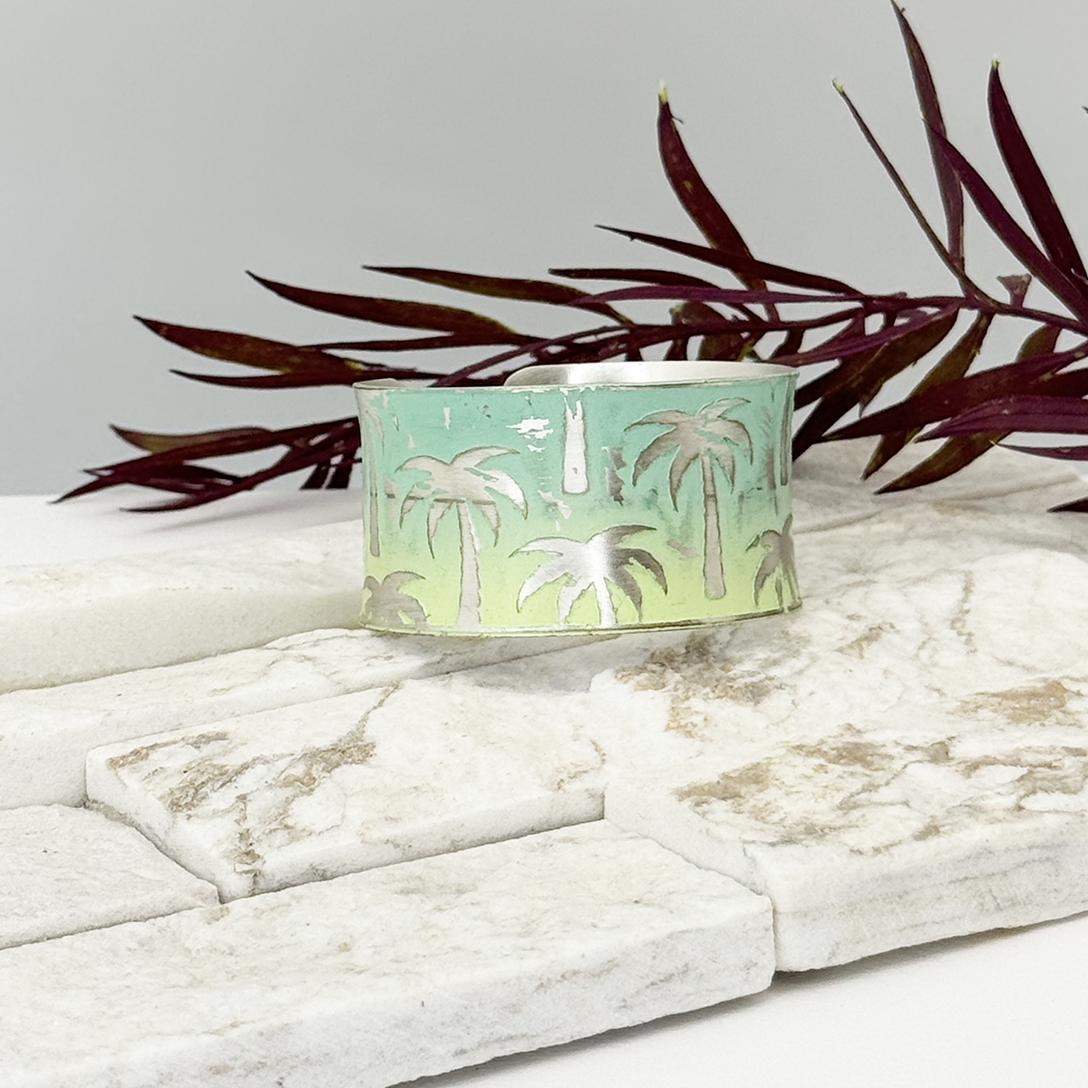 Handcrafted Green & Yellow Palm Tree Patina Bracelet