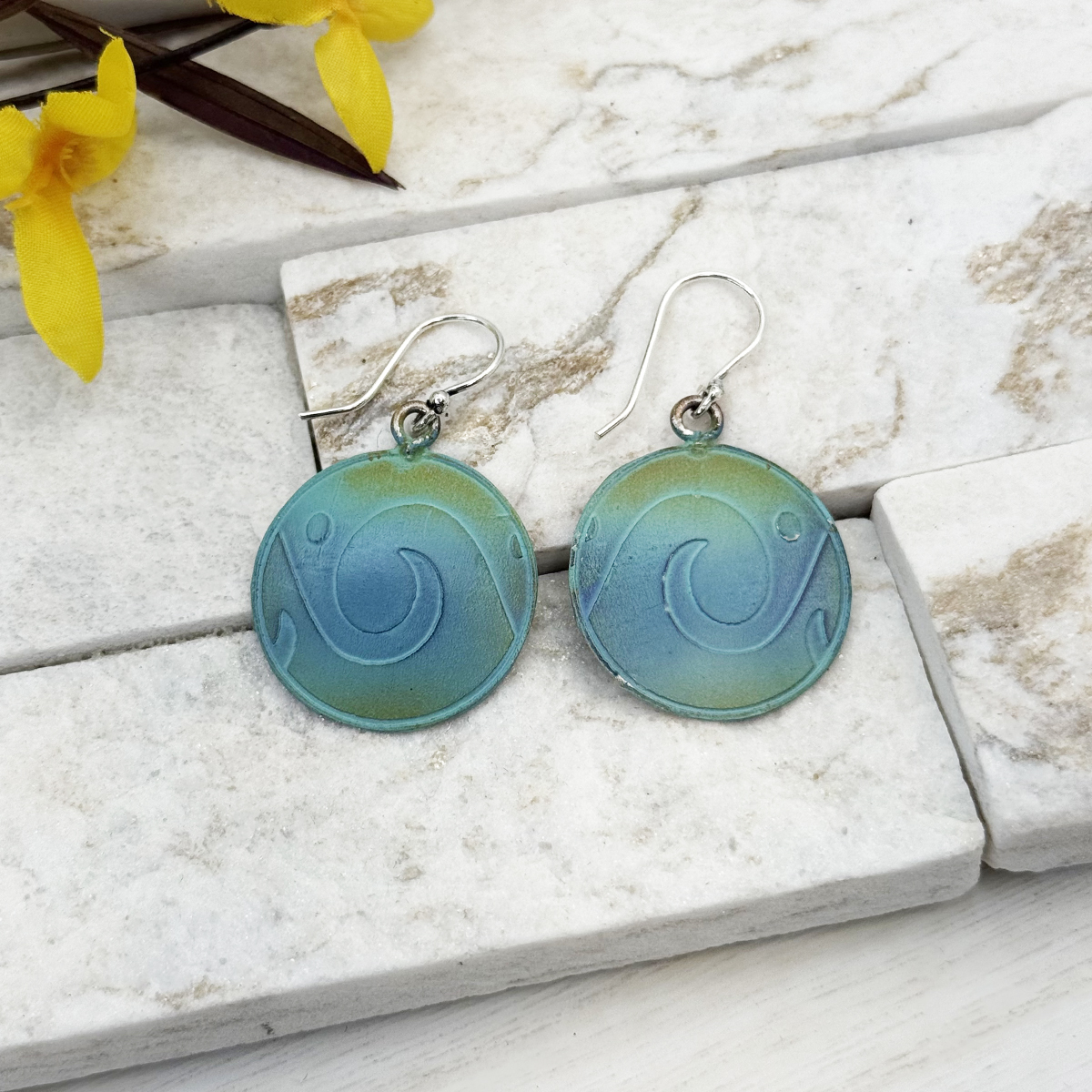 Handcrafted Green & Blue Wave Patina Earrings