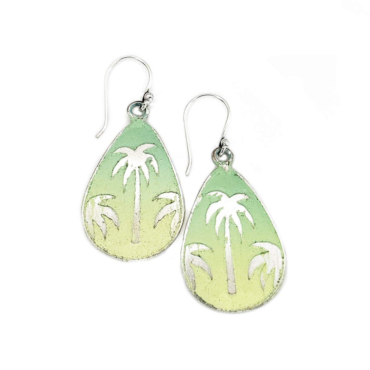 Handcrafted Green & Yellow Palm Tree Patina Earrings