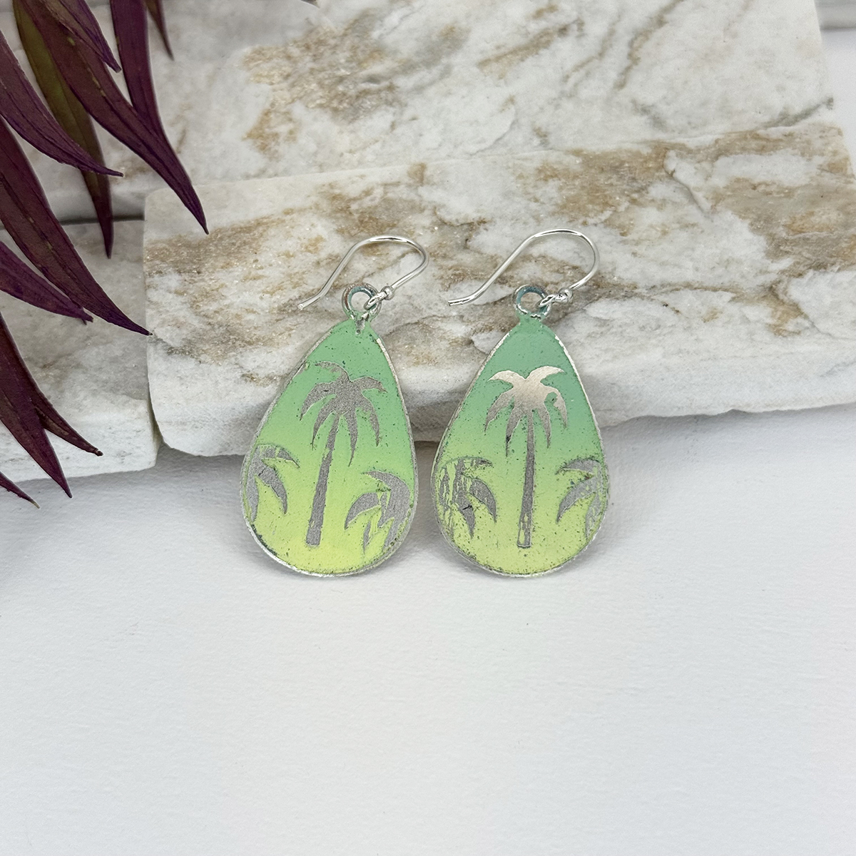 Handcrafted Green & Yellow Palm Tree Patina Earrings