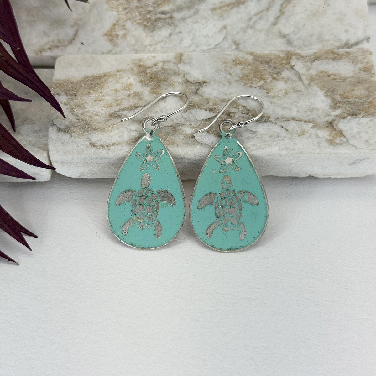 Handcrafted Mint Green Sea Turtle Patina Earrings