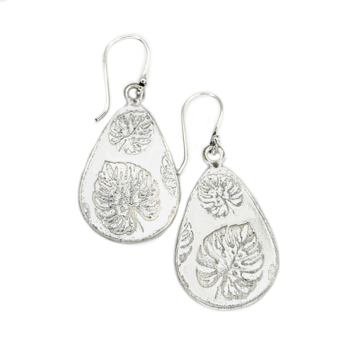 Handcrafted White Monstera Leaf Patina Earrings