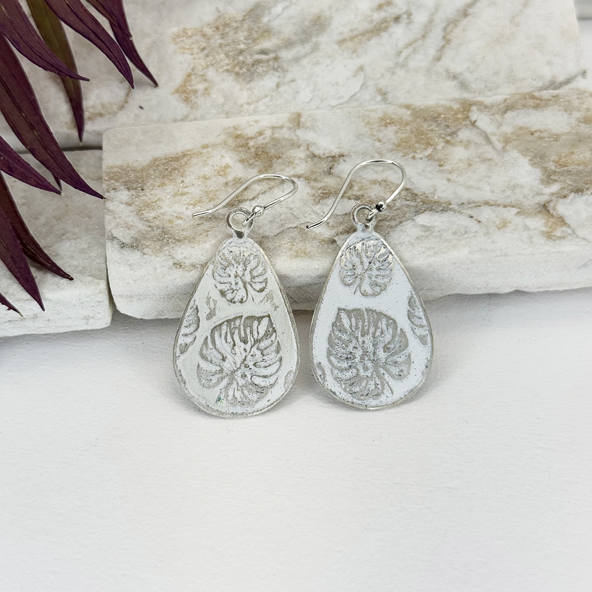 Handcrafted White Monstera Leaf Patina Earrings