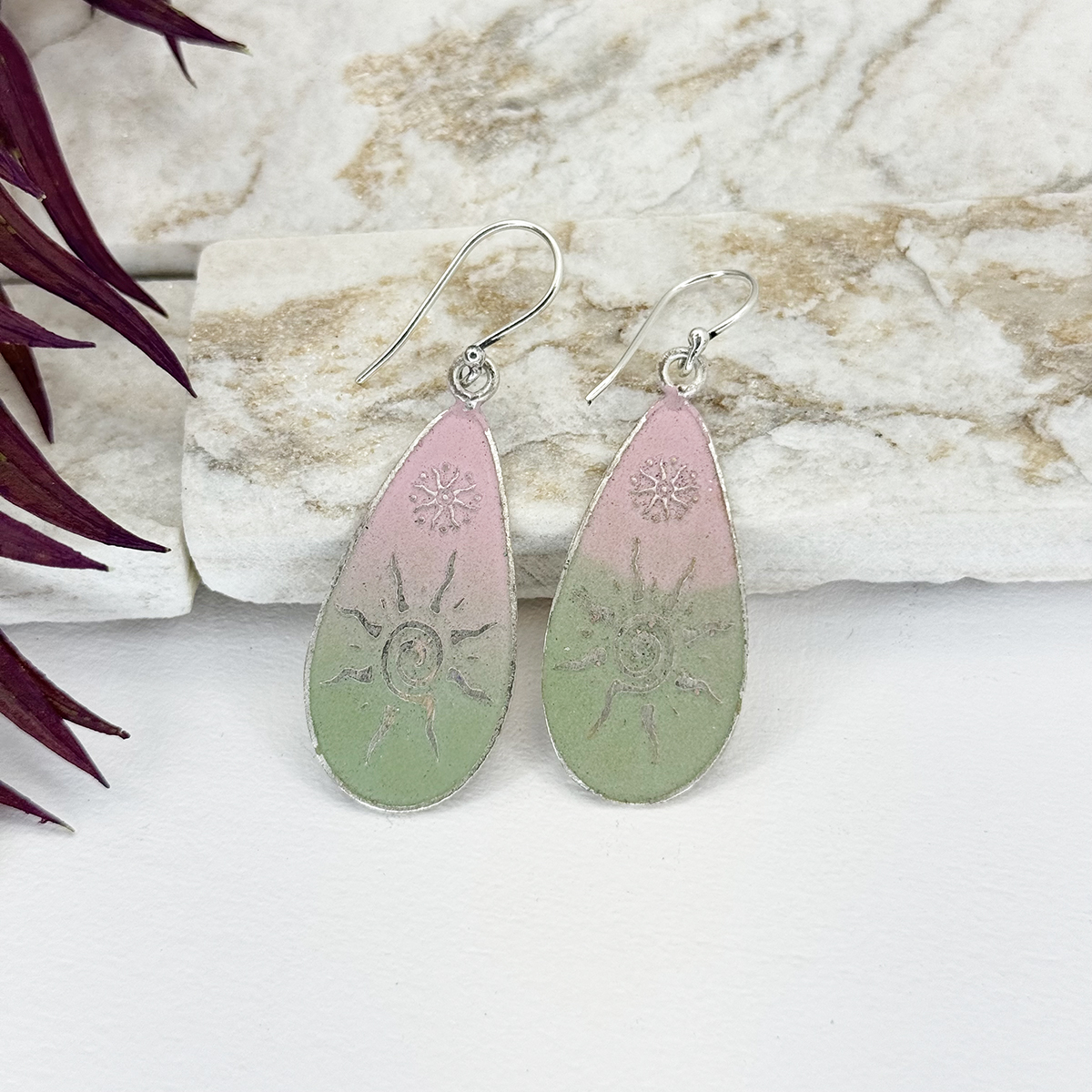 Handcrafted Green & Pink Sun Patina Earrings