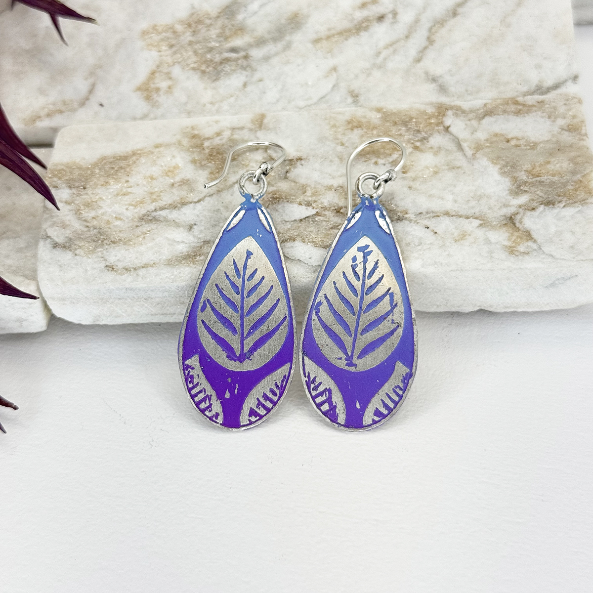 Handcrafted Purple & Blue Leaf Patina Earrings