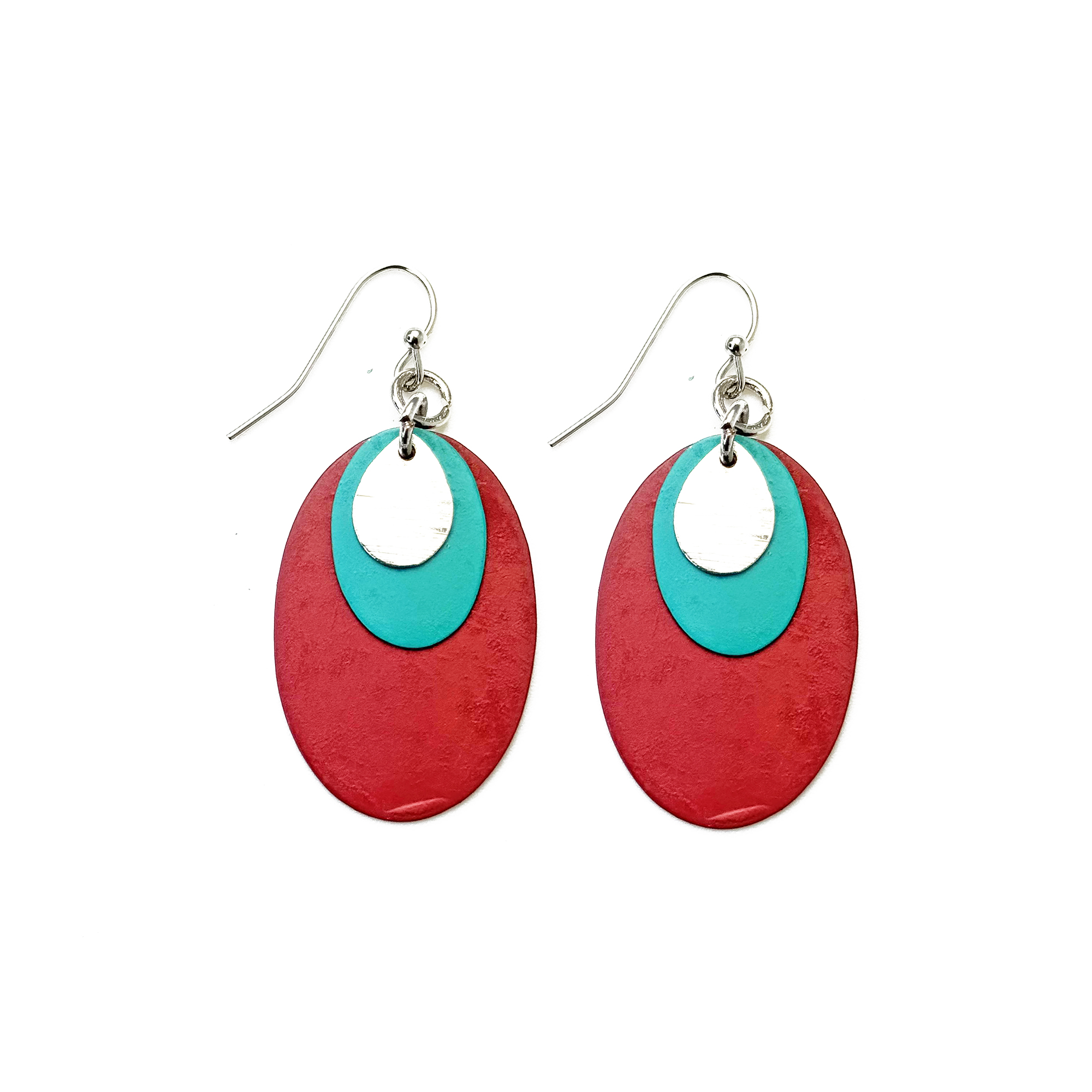 Handcrafted Fuchsia & Teal Patina Layered Oval Earrings