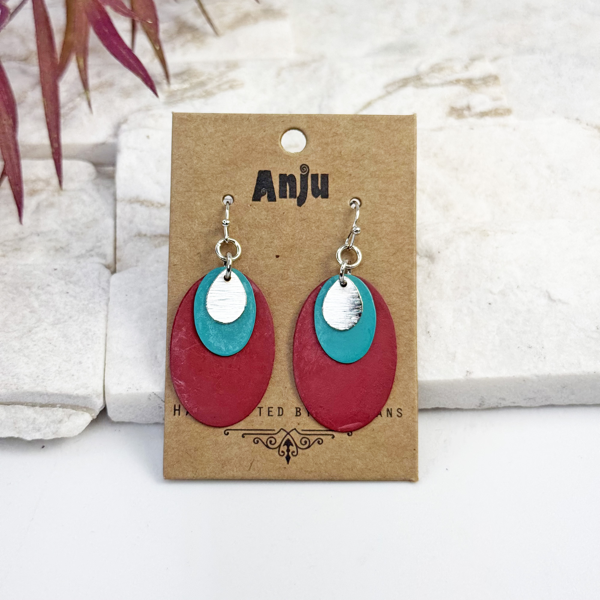 Handcrafted Fuchsia & Teal Patina Layered Oval Earrings