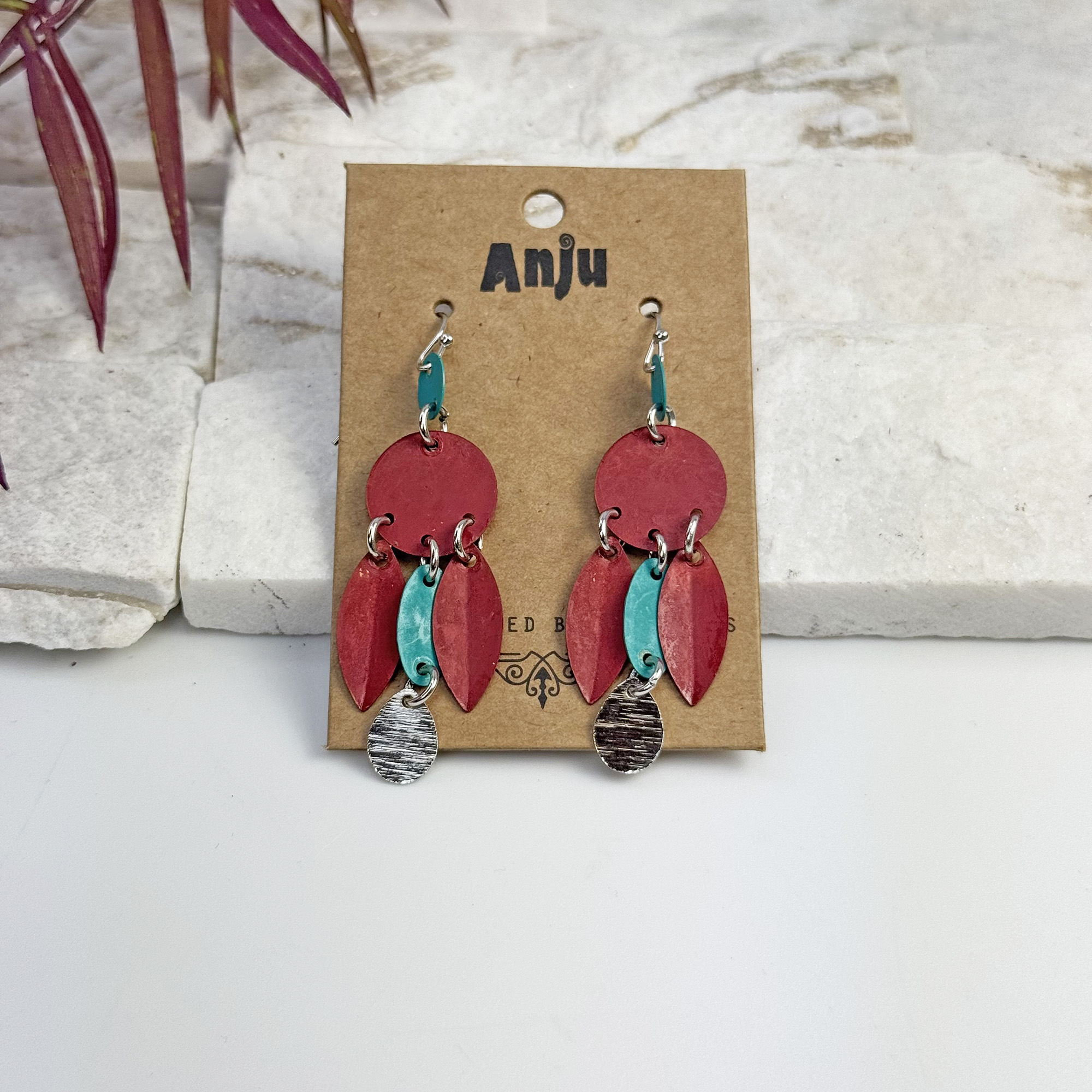 Handcrafted Fuchsia & Teal Patina Abstract Dangle Earrings