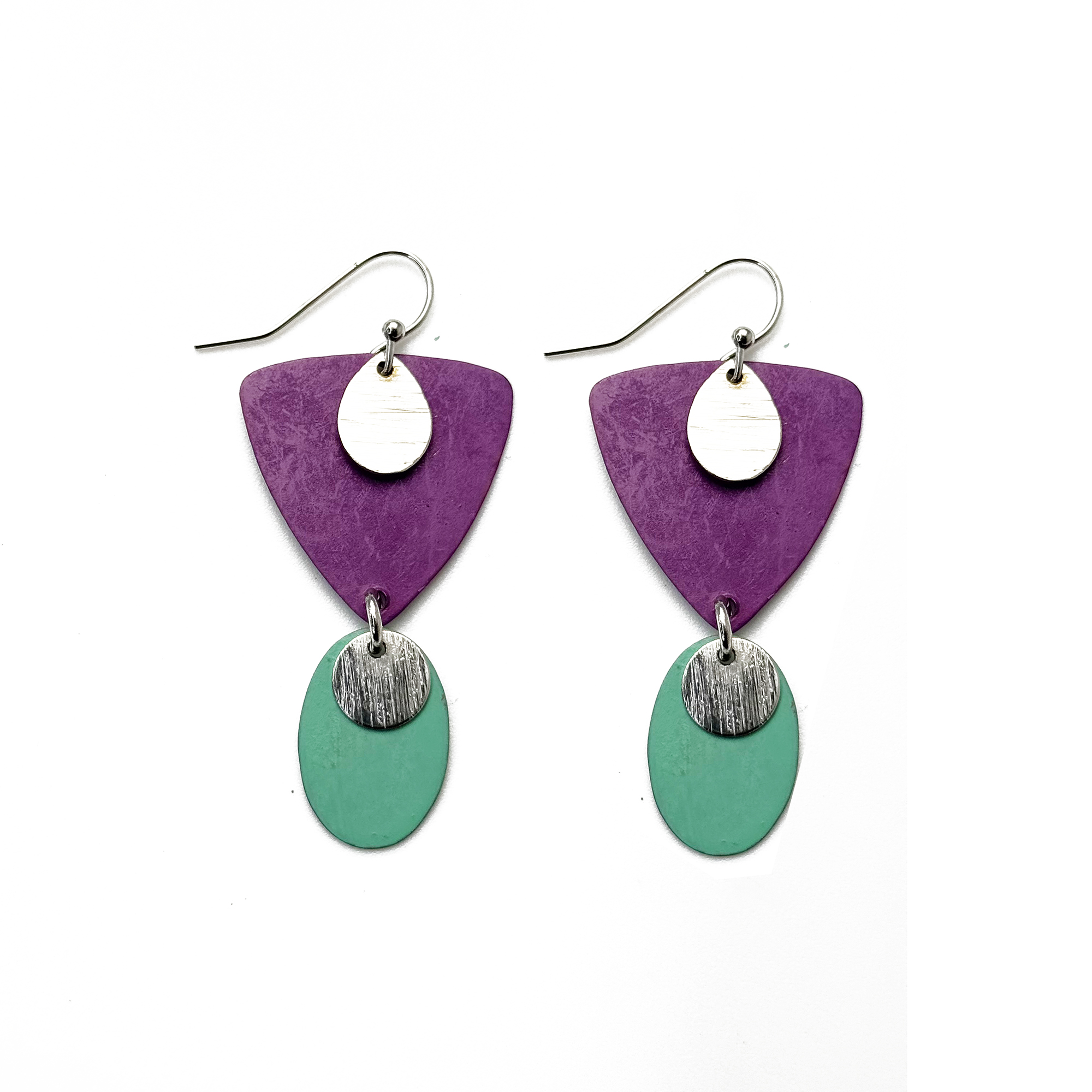 Handcrafted Purple & Green Patina Triangle Earrings