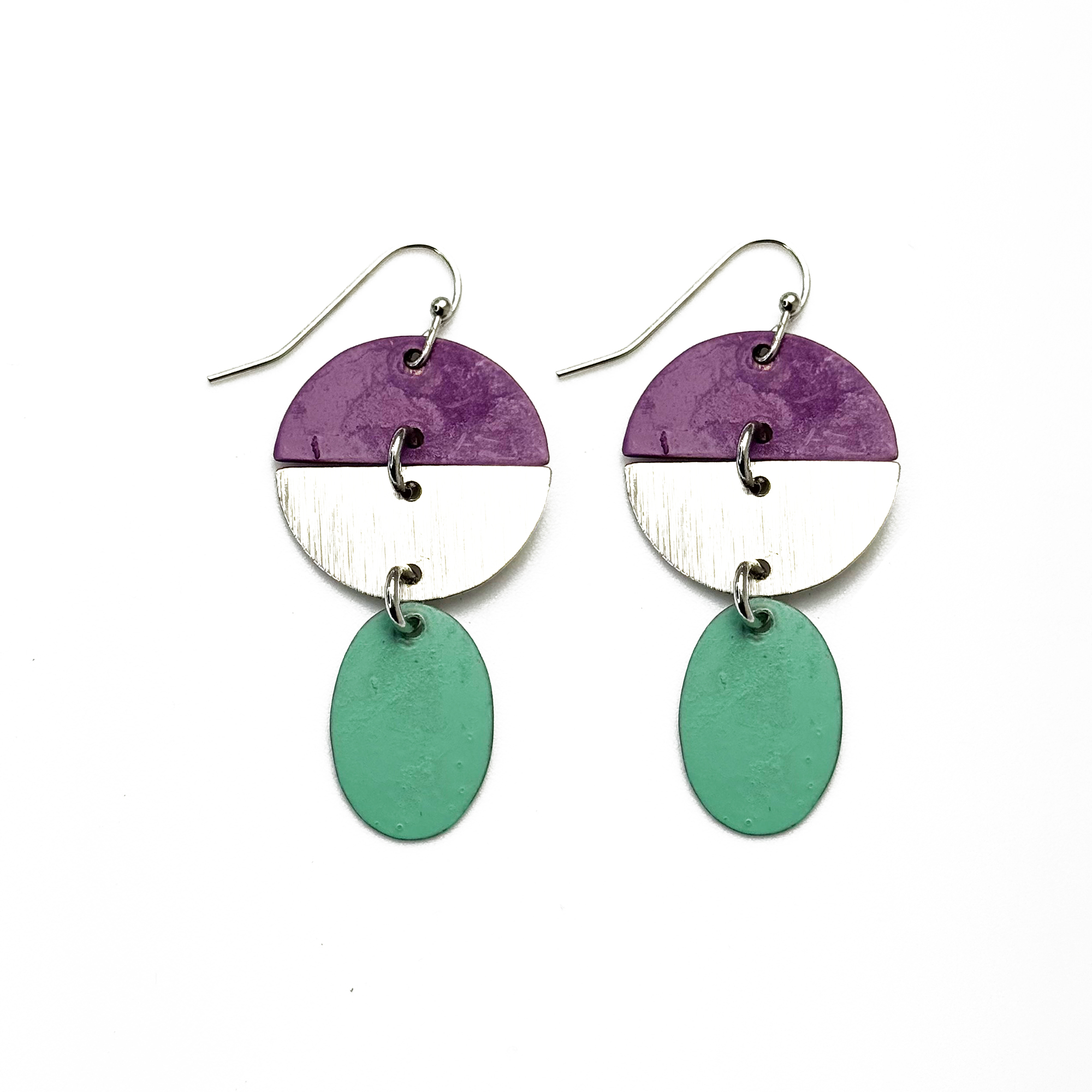 Handcrafted Purple & Green Patina Geometric Earrings
