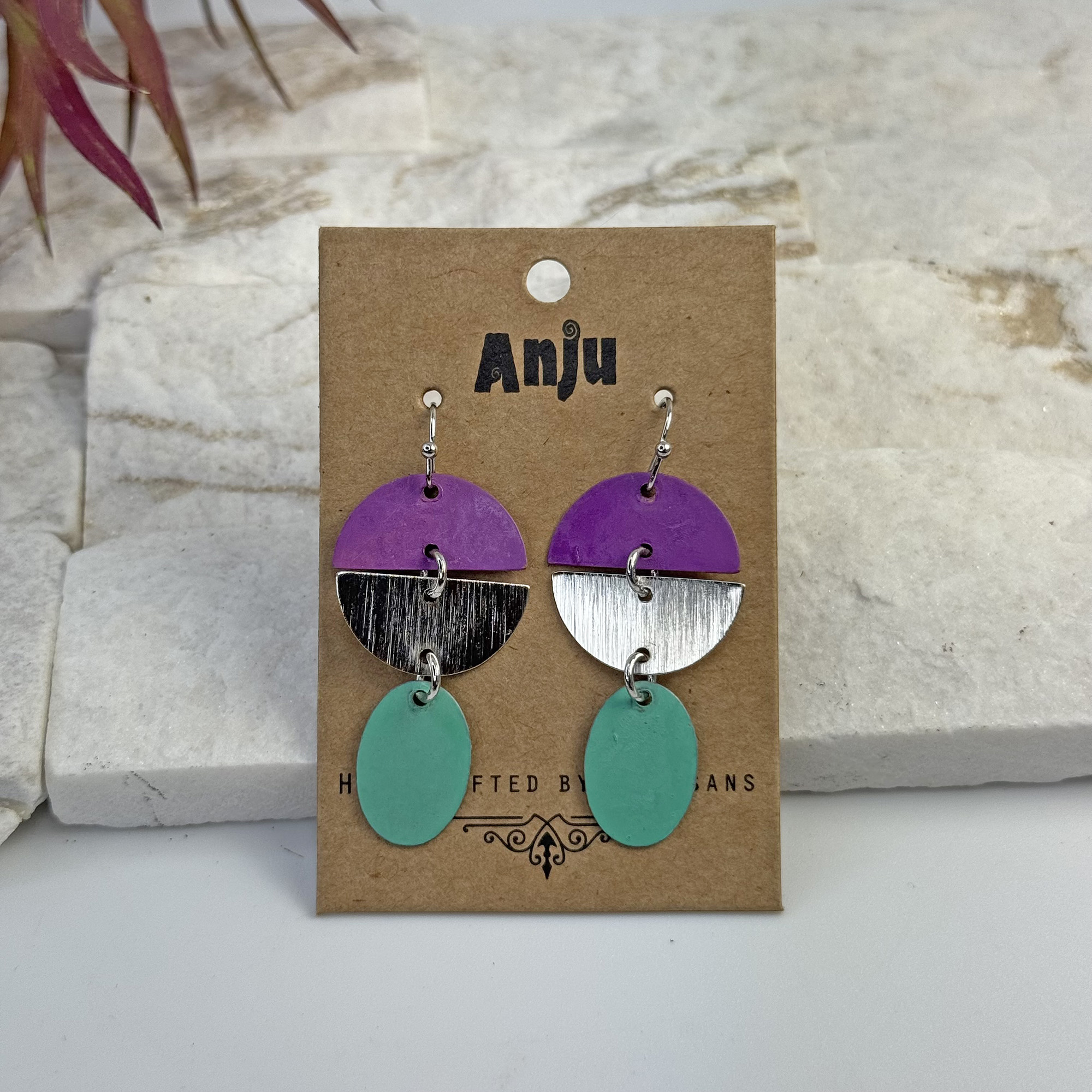 Handcrafted Purple & Green Patina Geometric Earrings