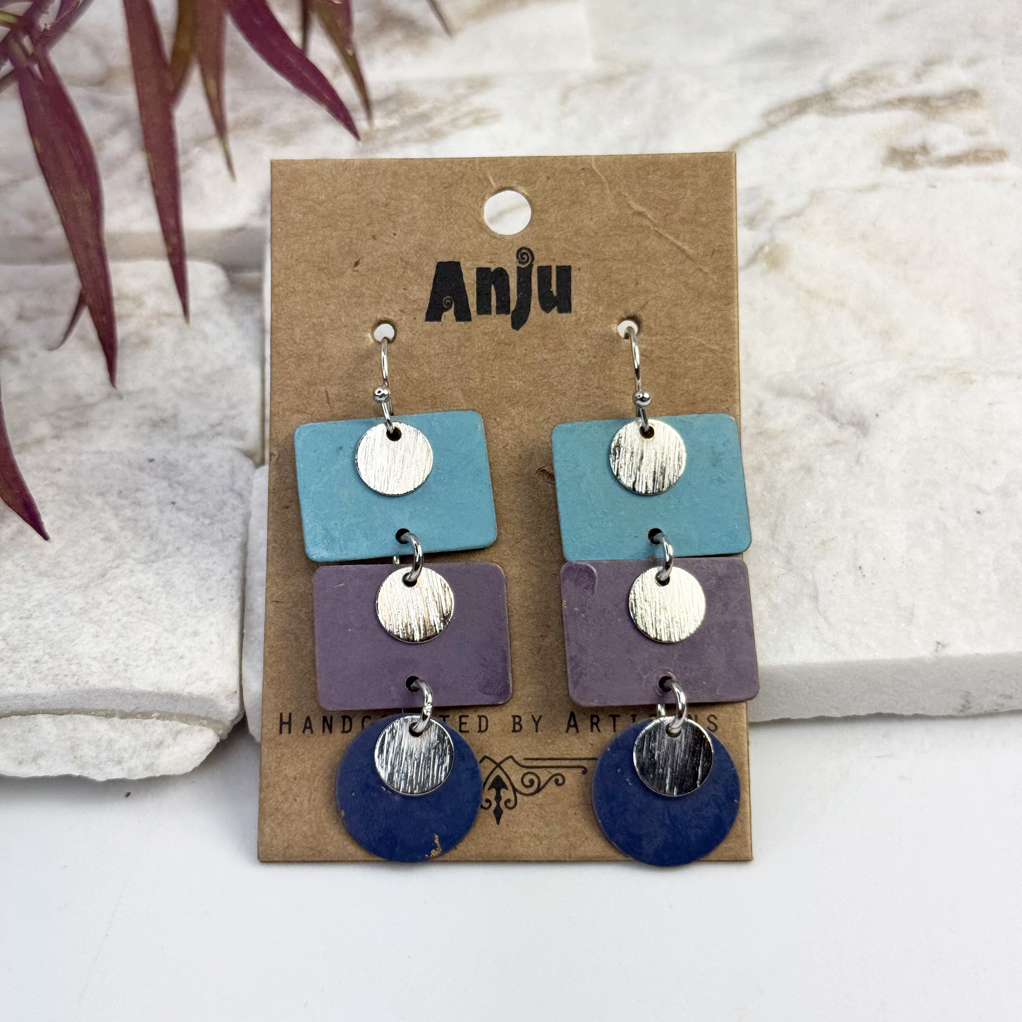 Handcrafted Cool Patina Long Geometric Dangle Earrings