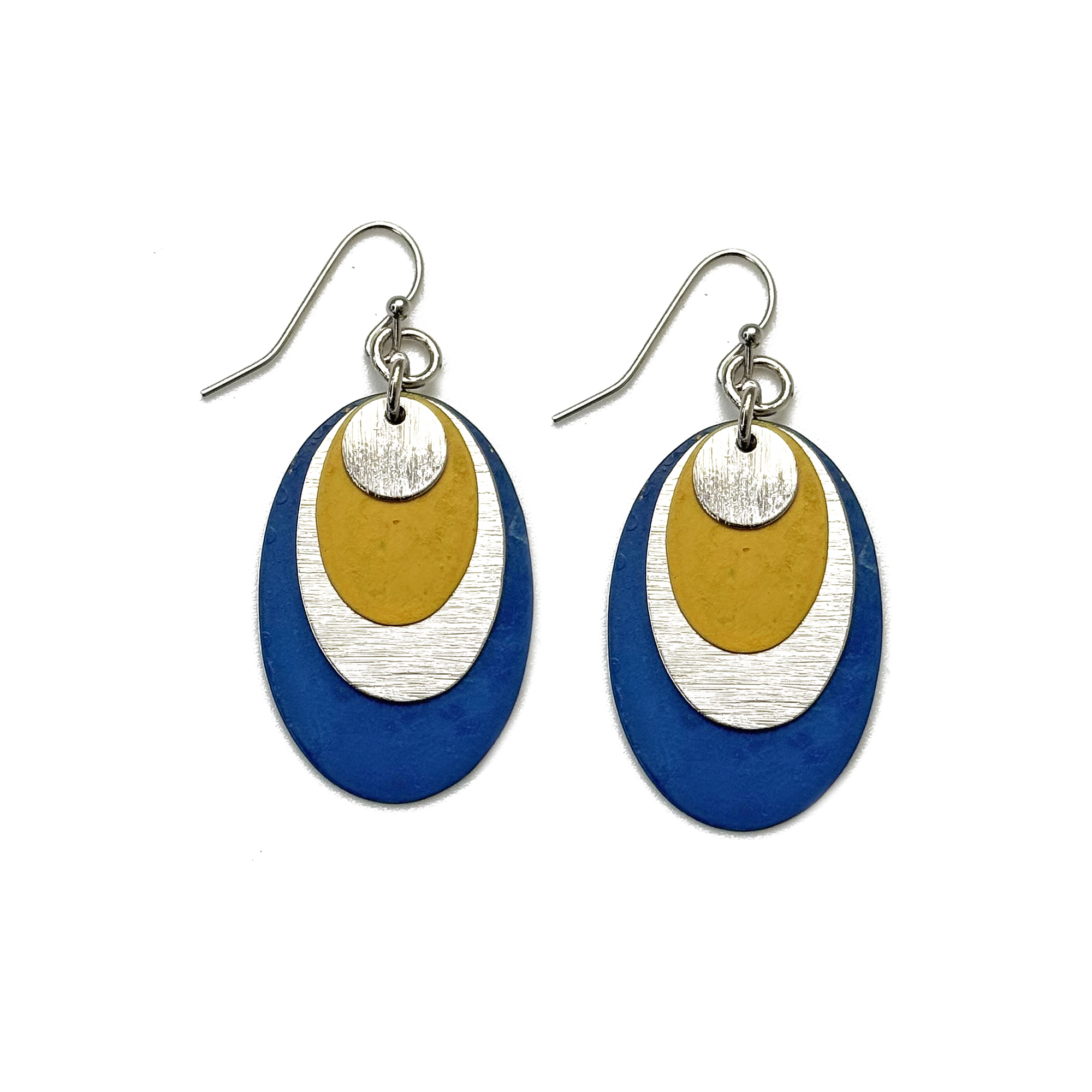 Handcrafted Yellow & Blue Patina Layered Oval Earrings