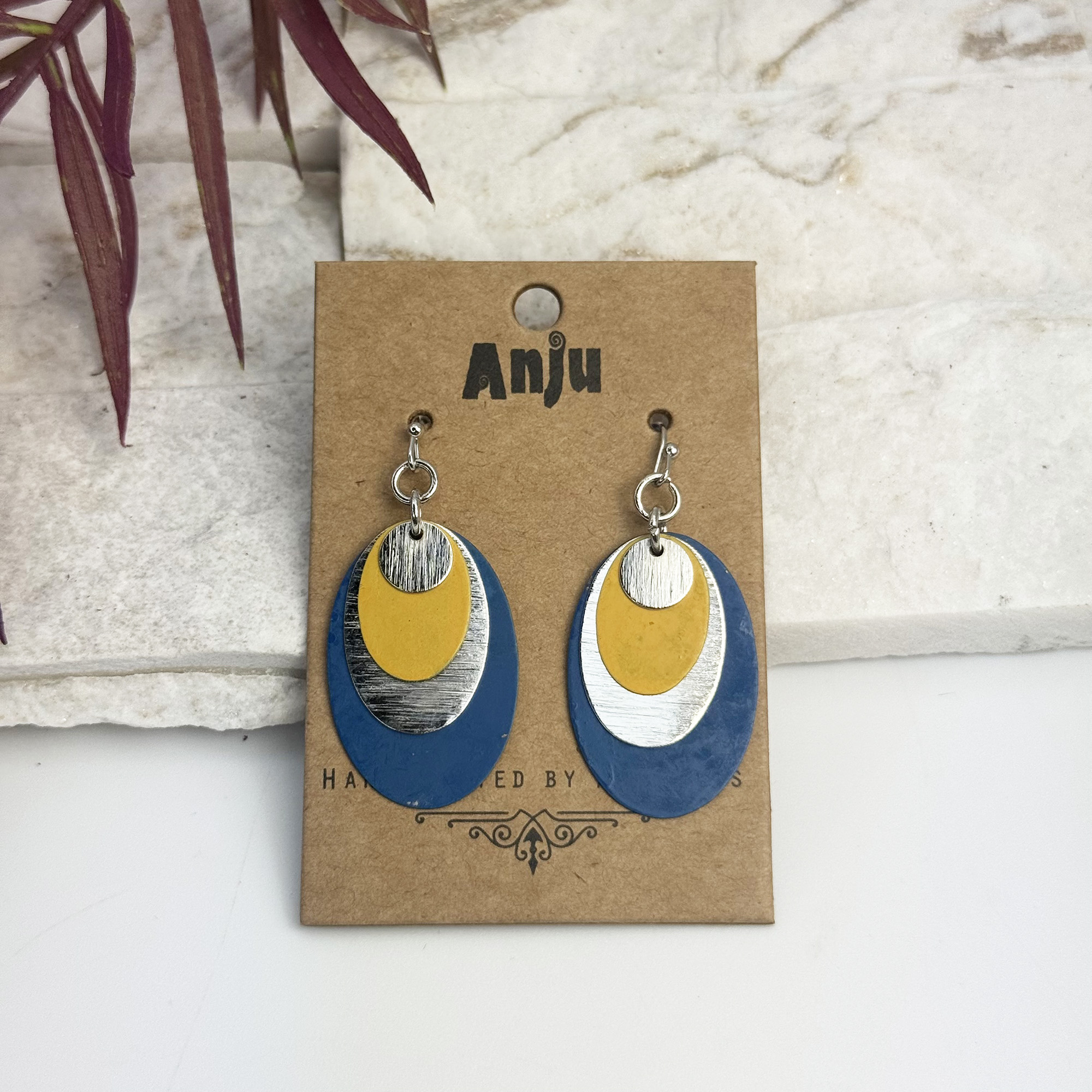 Handcrafted Yellow & Blue Patina Layered Oval Earrings