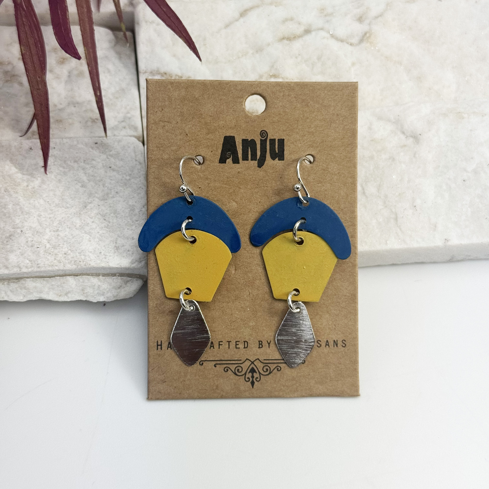 Handcrafted Yellow & Blue Patina Geometric Drop Earrings
