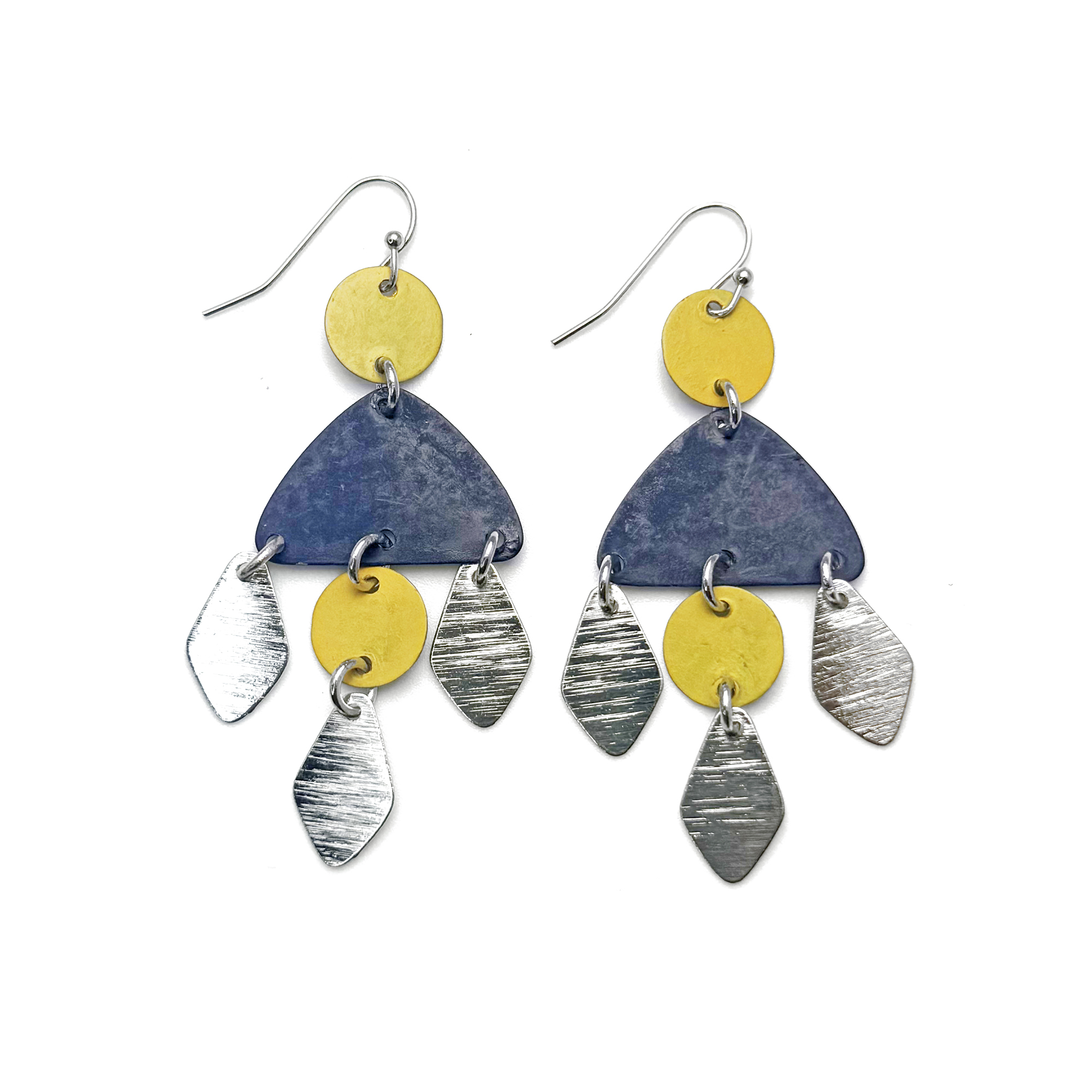 Handcrafted Yellow & Blue Patina Fanform Dangle Earrings