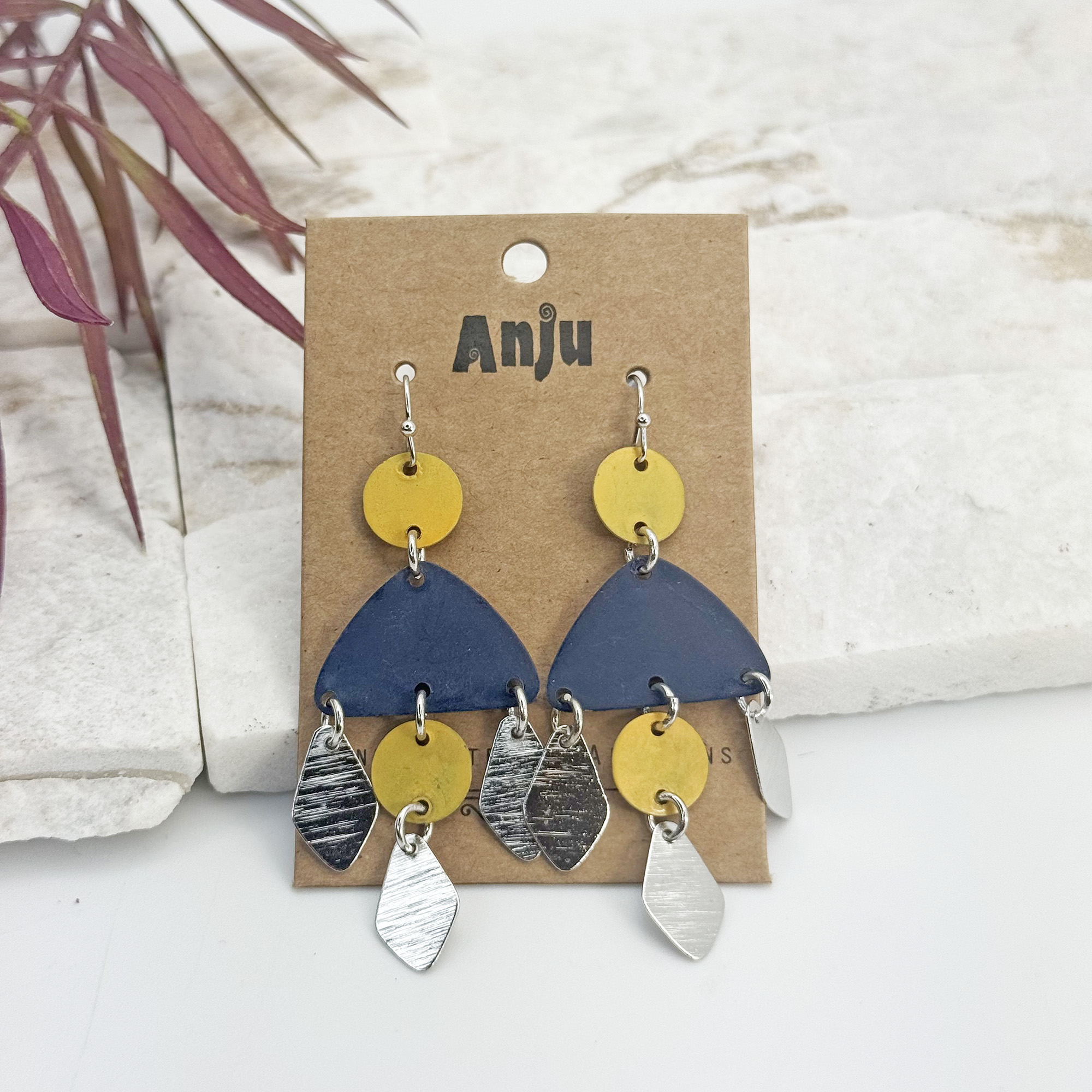 Handcrafted Yellow & Blue Patina Fanform Dangle Earrings
