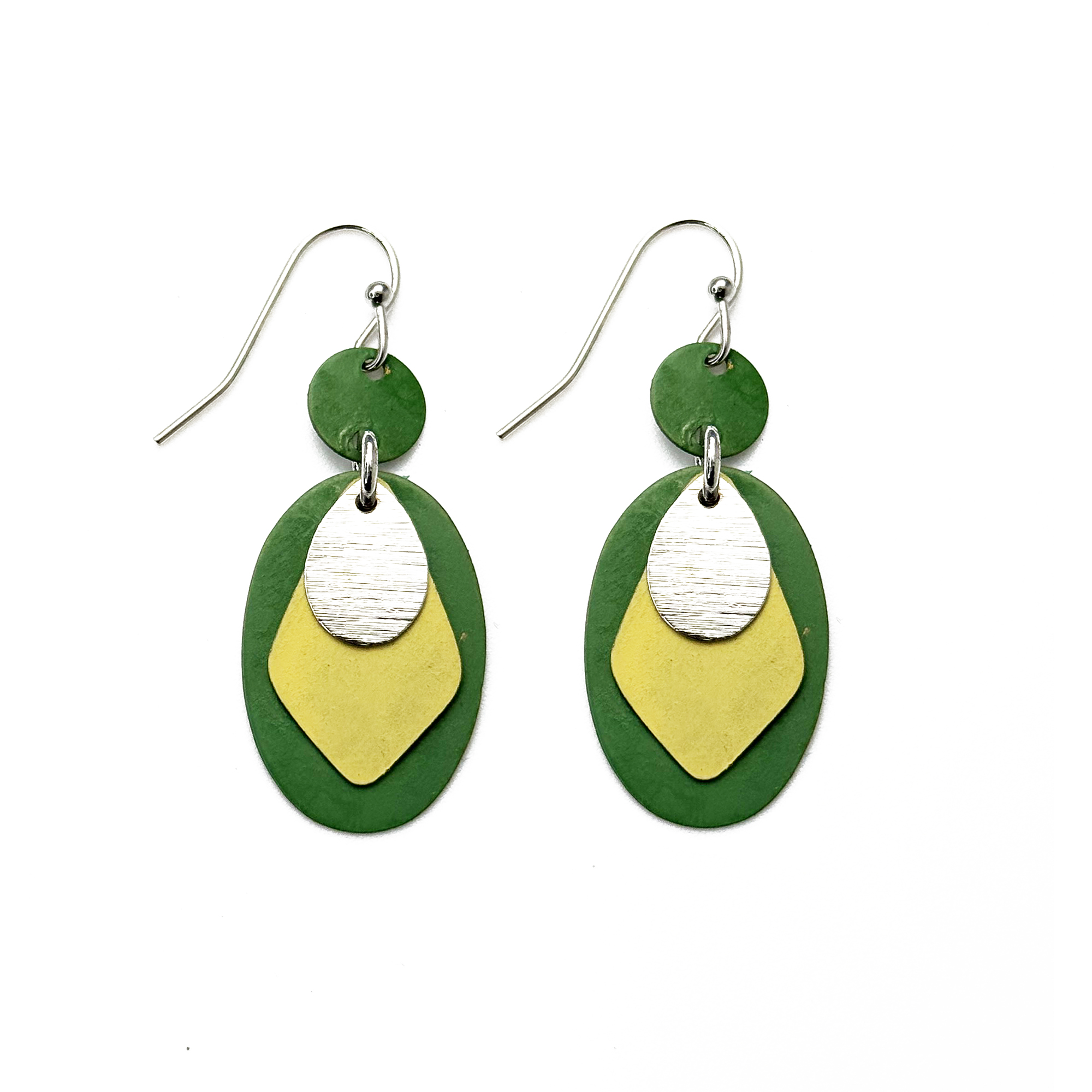 Handcrafted Green & Yellow Patina Layered Kite Earrings