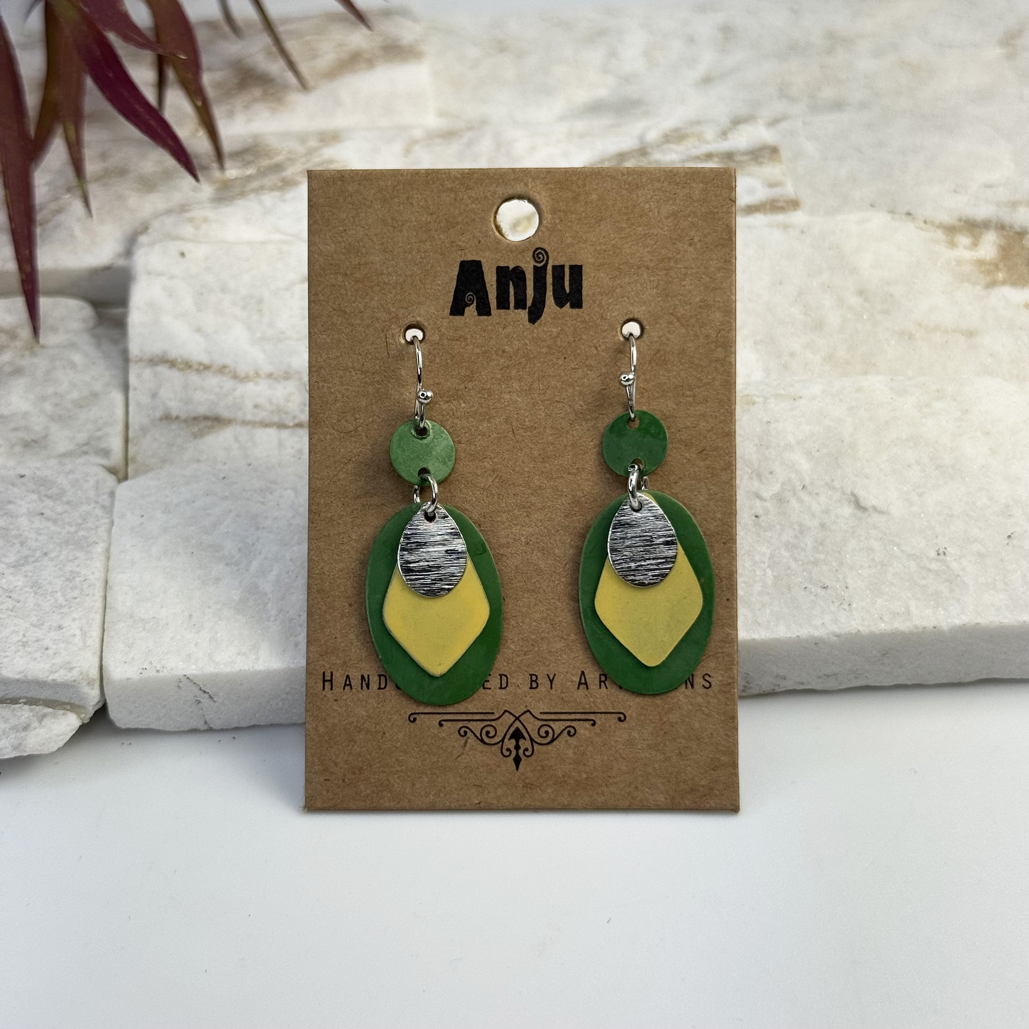 Handcrafted Green & Yellow Patina Layered Kite Earrings