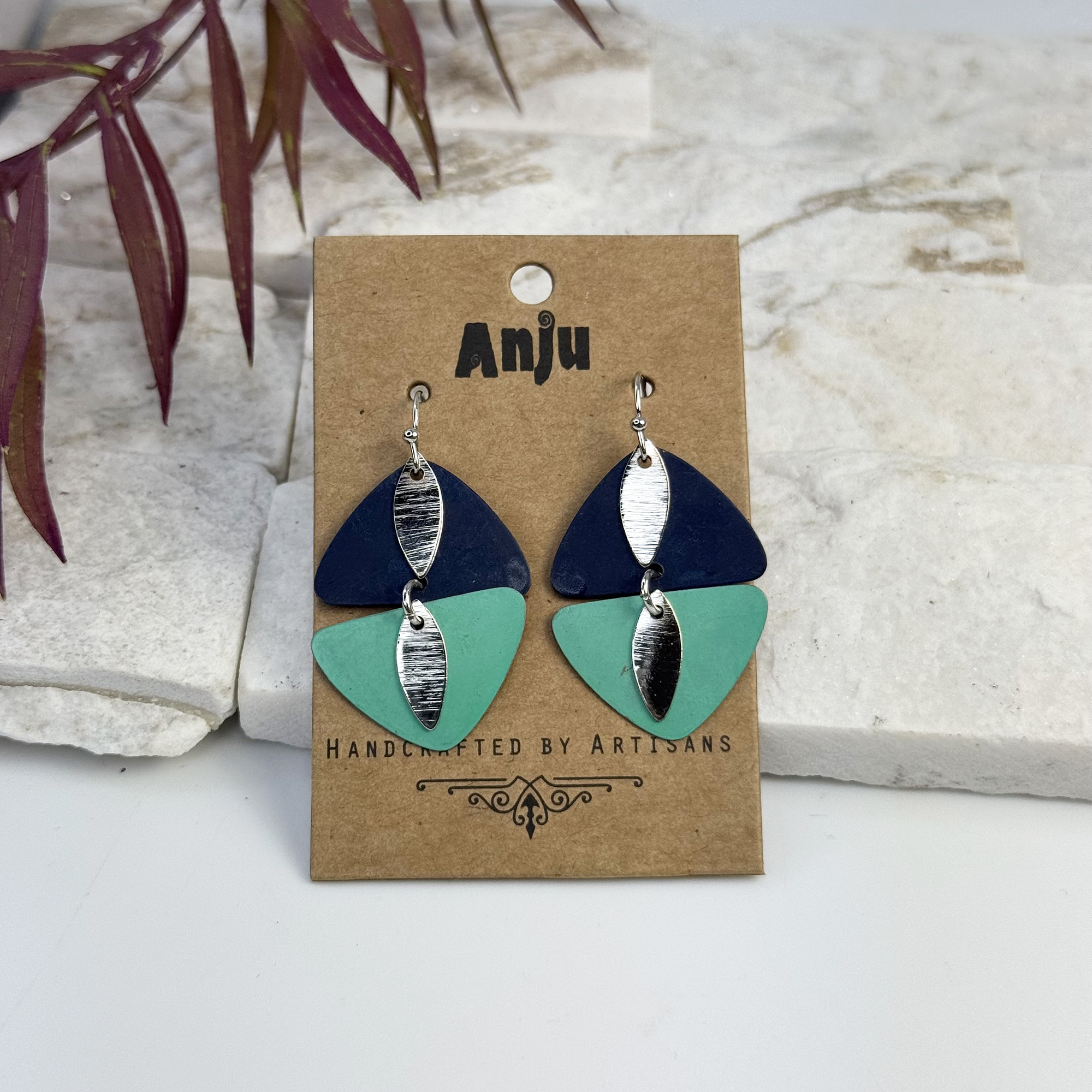 Handcrafted Navy & Teal Patina Mirrored Triangle Earrings