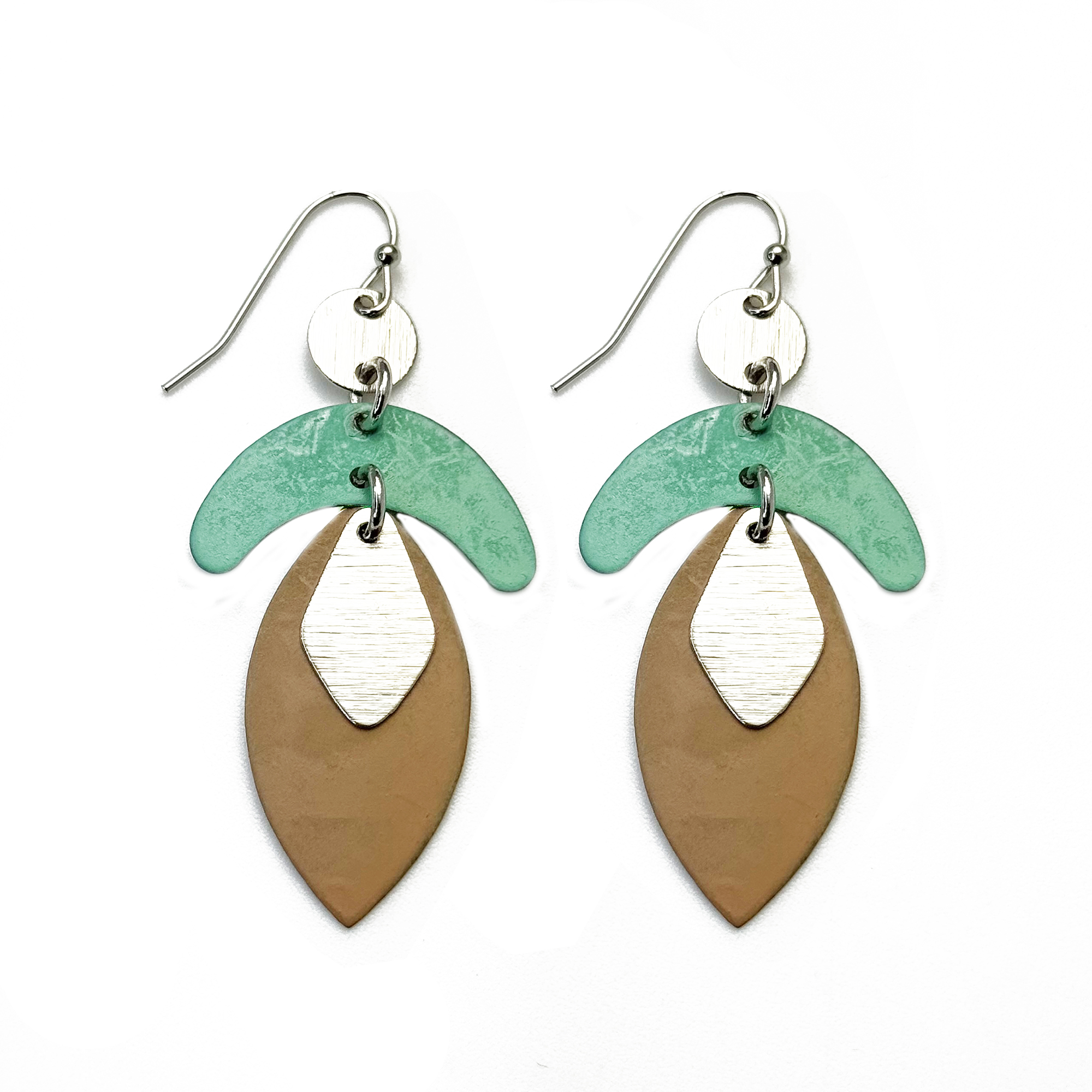 Handcrafted Tan & Green Patina Arc Teardrop Earrings