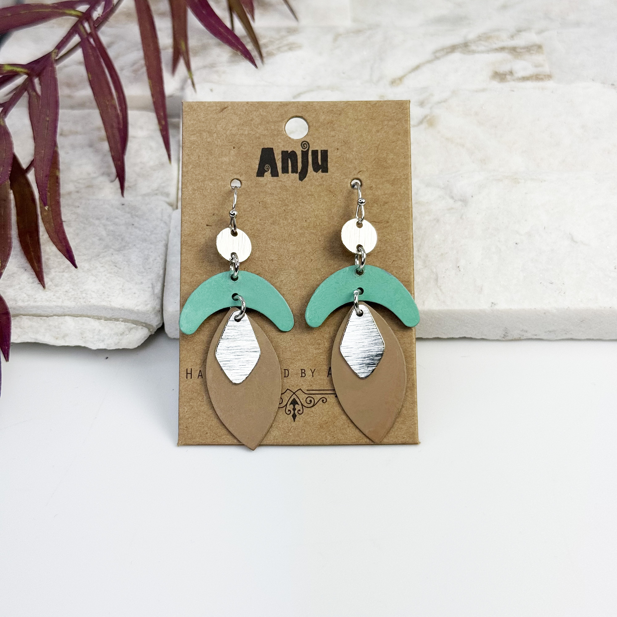 Handcrafted Tan & Green Patina Arc Teardrop Earrings