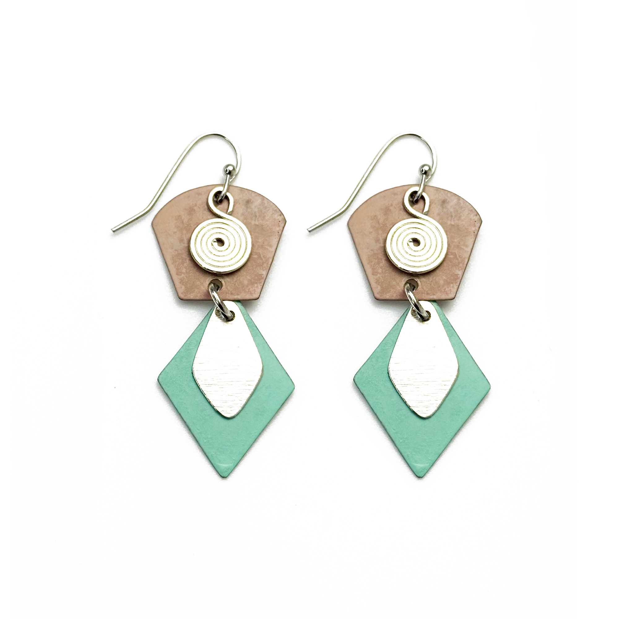 Handcrafted Tan & Teal Patina Two Tier Geometric Earrings