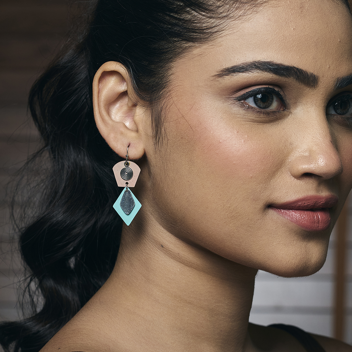 Handcrafted Tan & Teal Patina Two Tier Geometric Earrings - Image 3