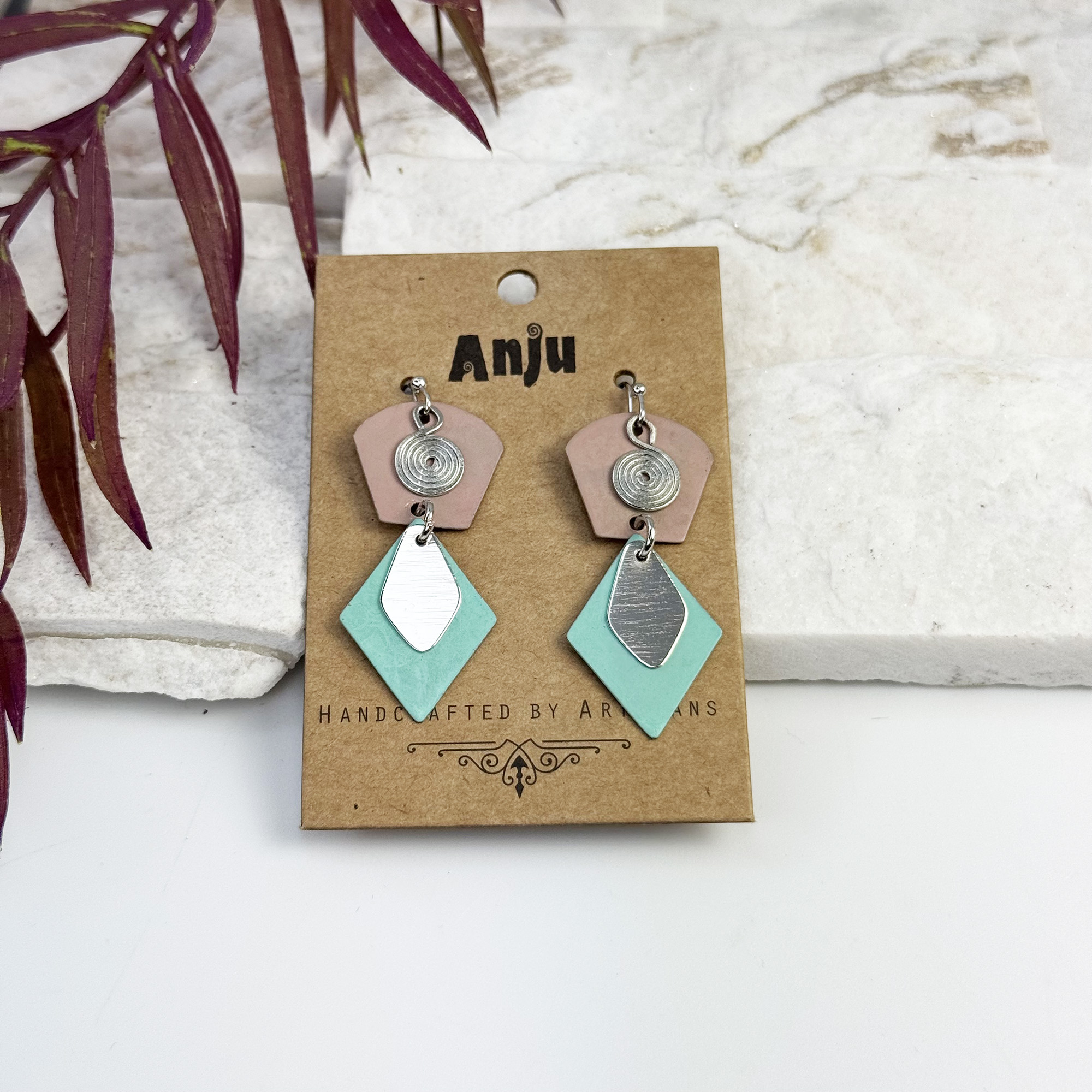 Handcrafted Tan & Teal Patina Two Tier Geometric Earrings