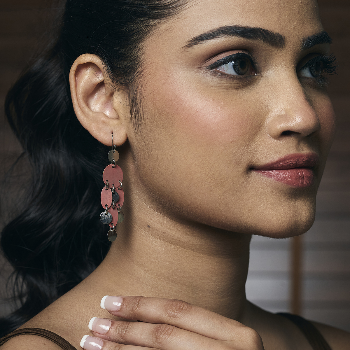 Handcrafted Rust Red Patina Triangle Tassel Earrings - Image 3