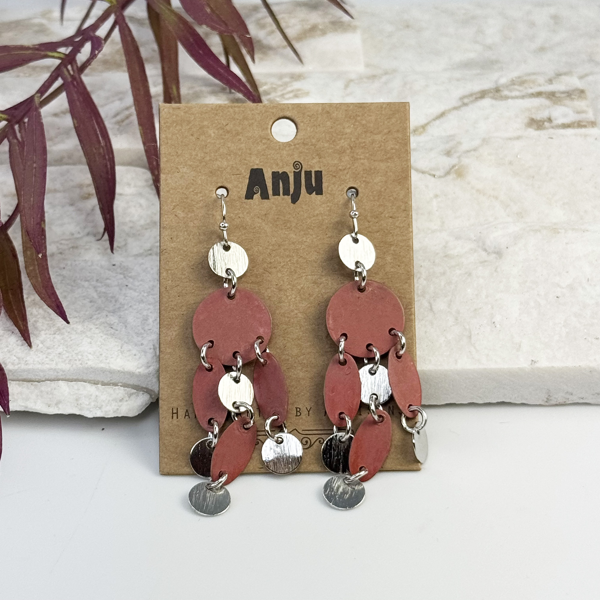 Handcrafted Rust Red Patina Triangle Tassel Earrings