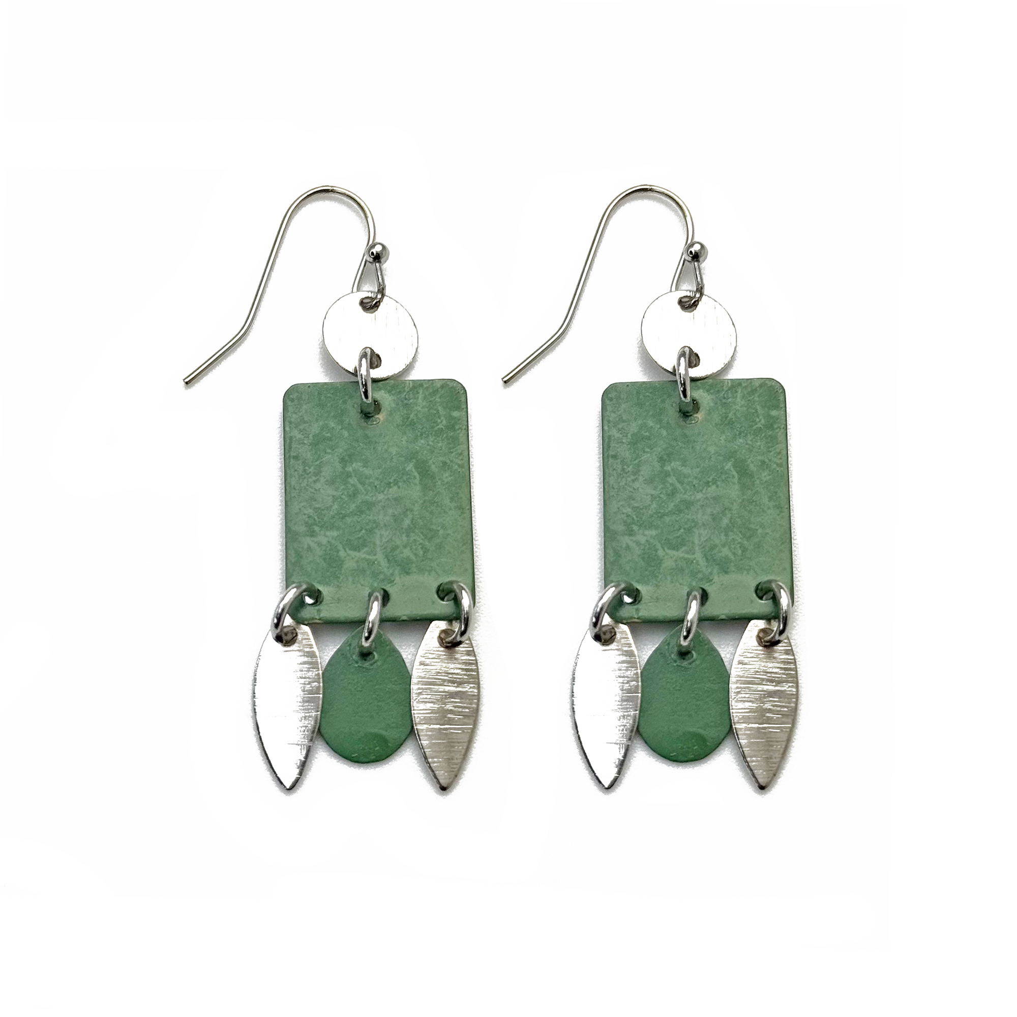 Handcrafted Green Patina Rectangle Leaf Dangle Earrings