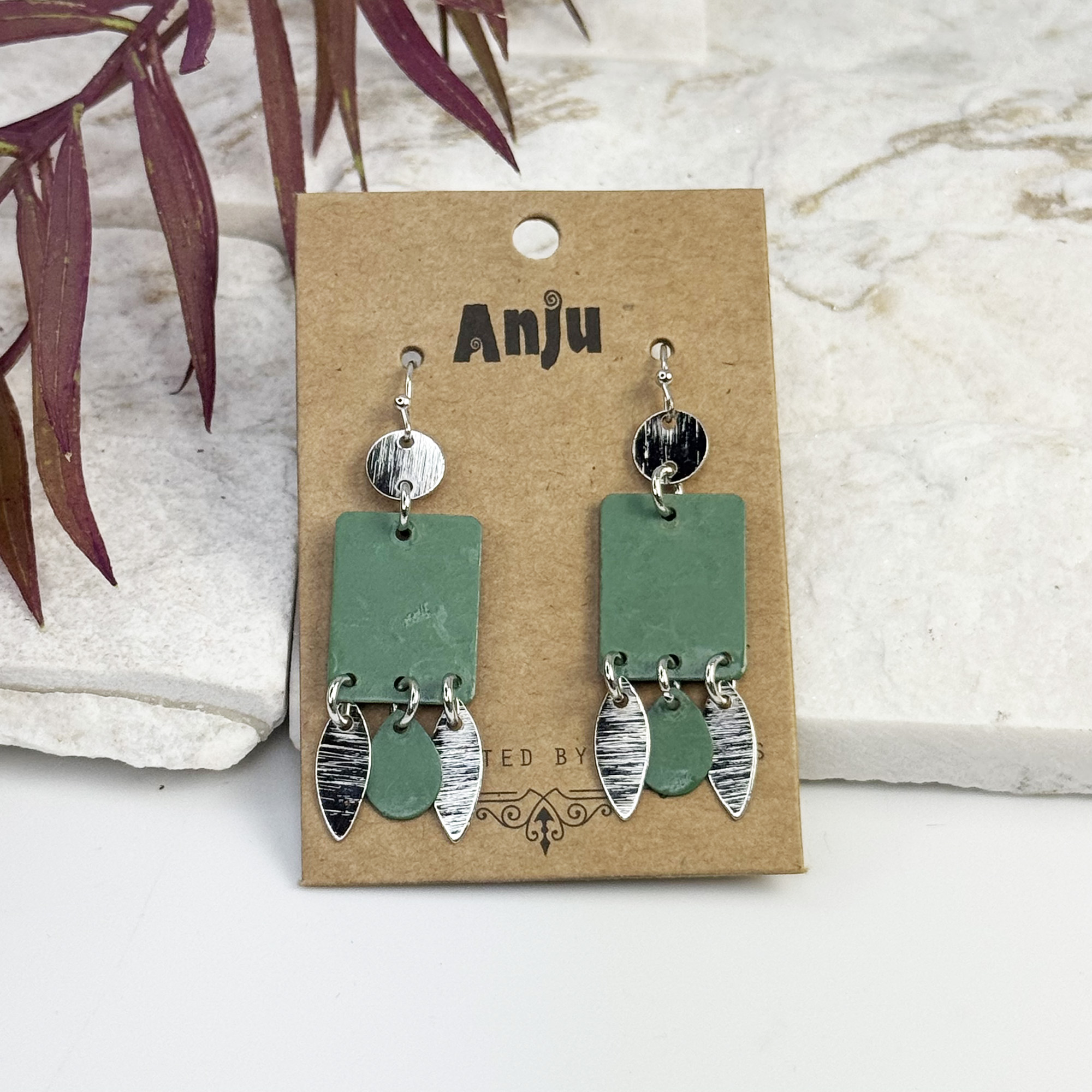 Handcrafted Green Patina Rectangle Leaf Dangle Earrings