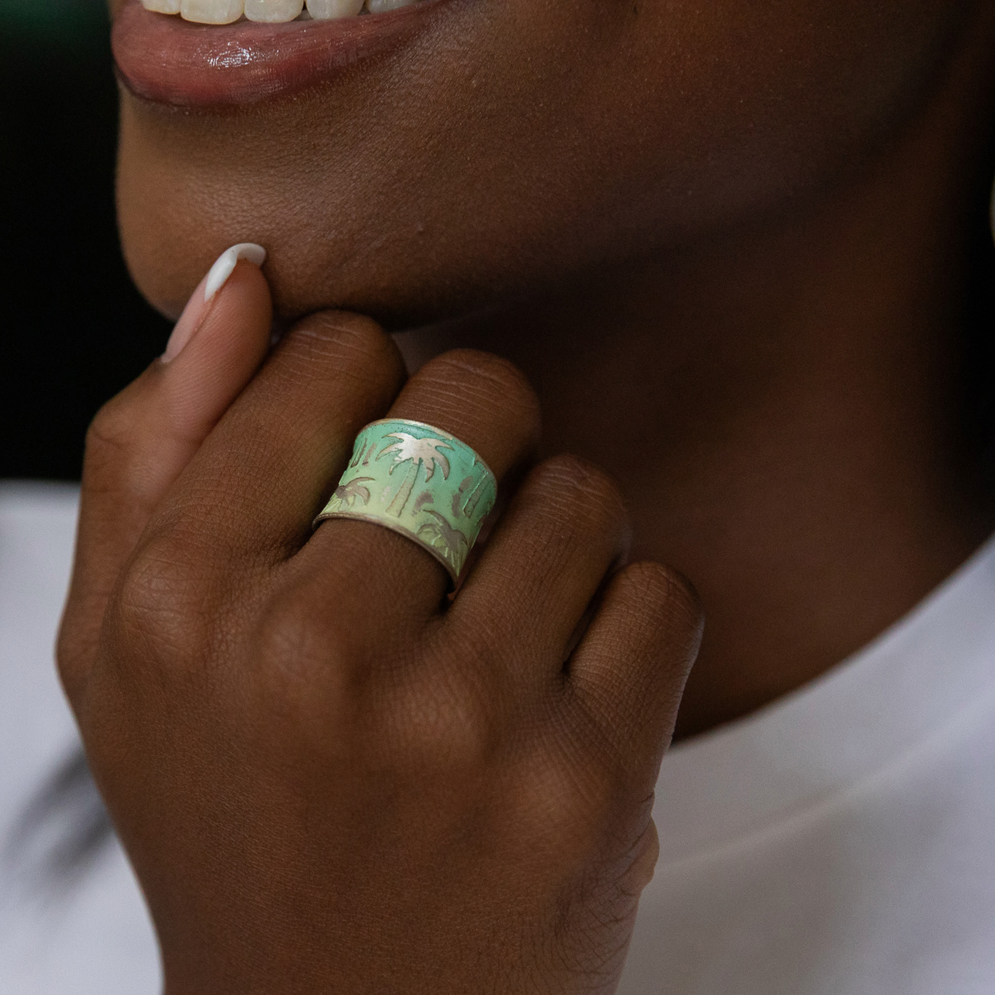 Handcrafted Green & Yellow Palm Tree Patina Ring - Image 3