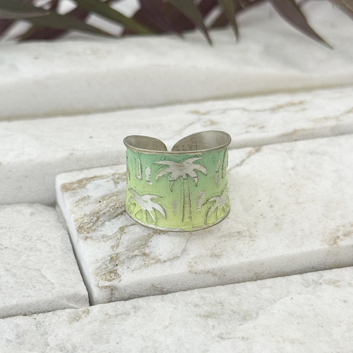 Handcrafted Green & Yellow Palm Tree Patina Ring - Image 2
