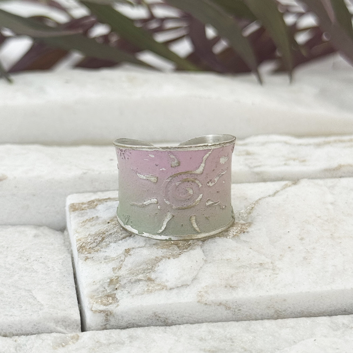 Handcrafted Green & Pink Sun Patina Ring