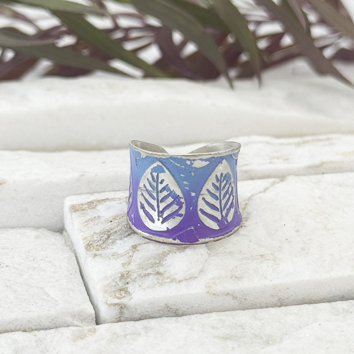 Handcrafted Purple & Blue Leaf Patina Ring