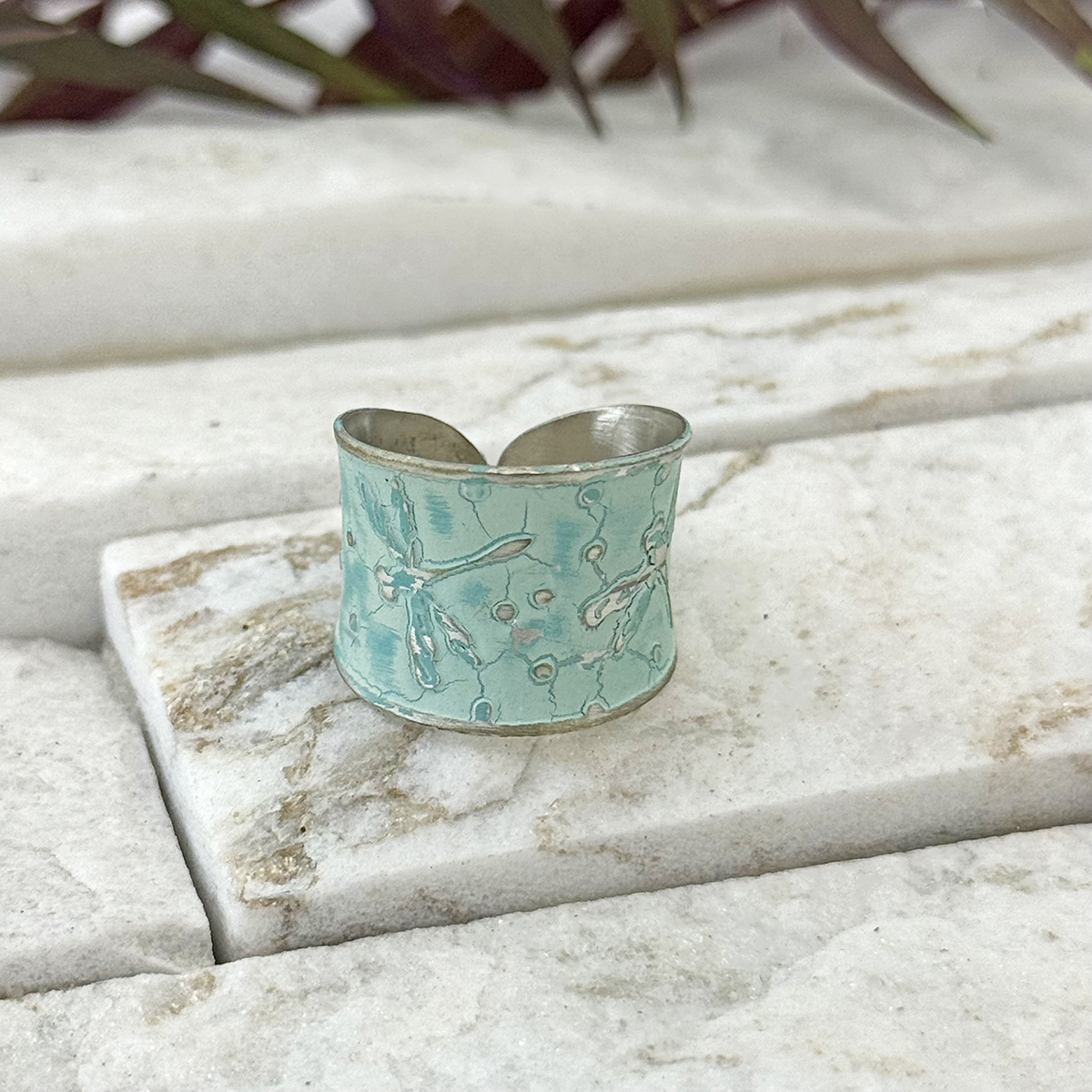 Handcrafted Mint Green Dragonfly Patina Ring