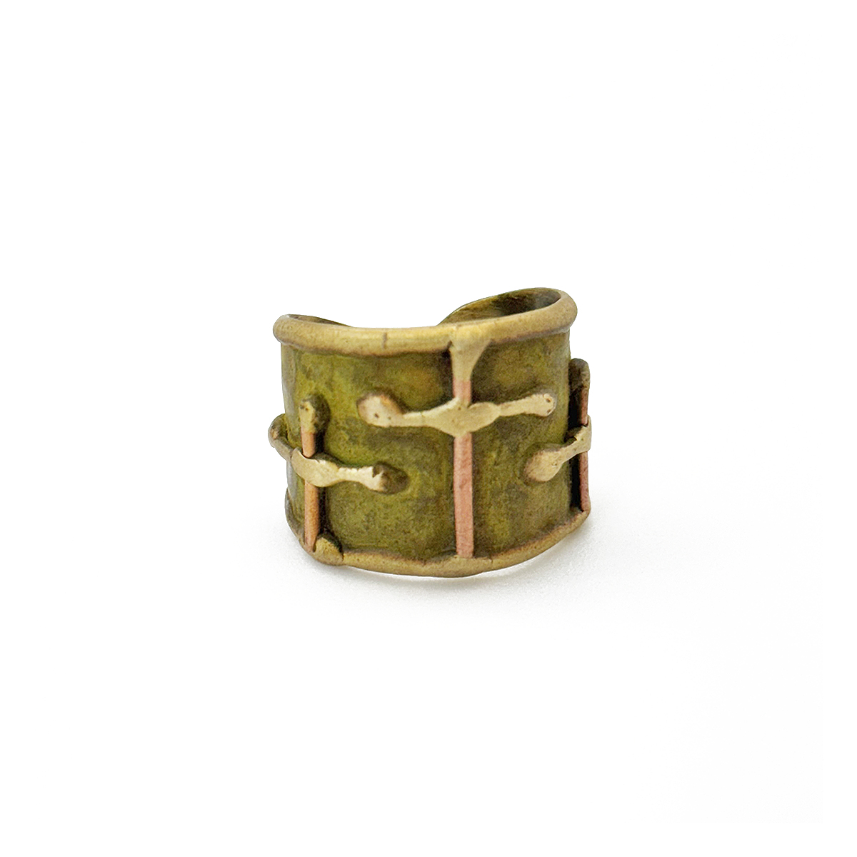Handcrafted Olive Green Three Crosses Brass Patina Ring