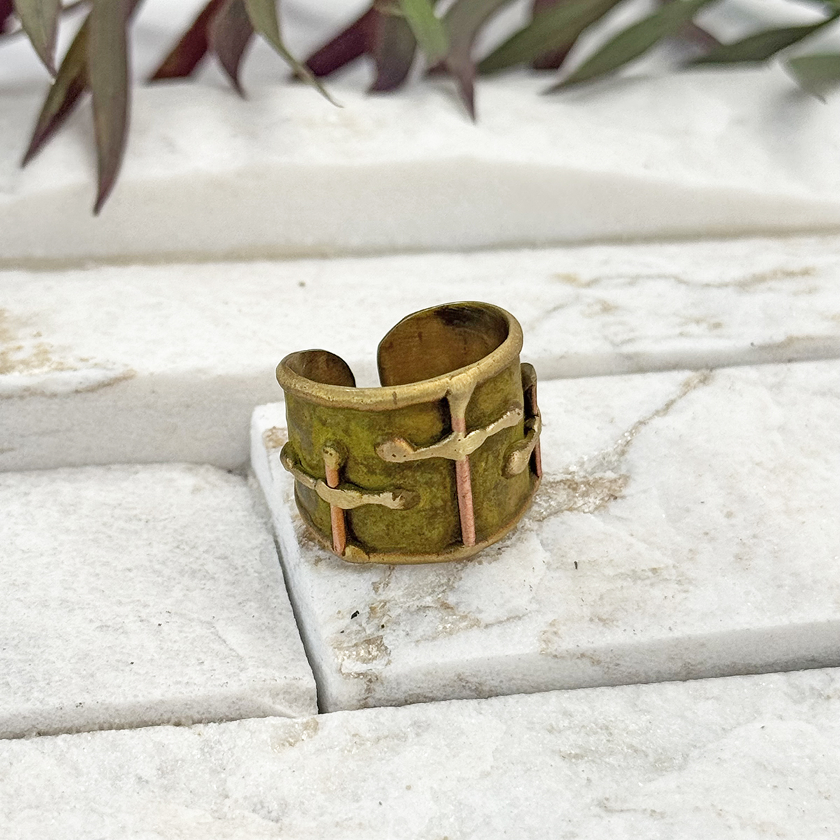Handcrafted Olive Green Three Crosses Brass Patina Ring
