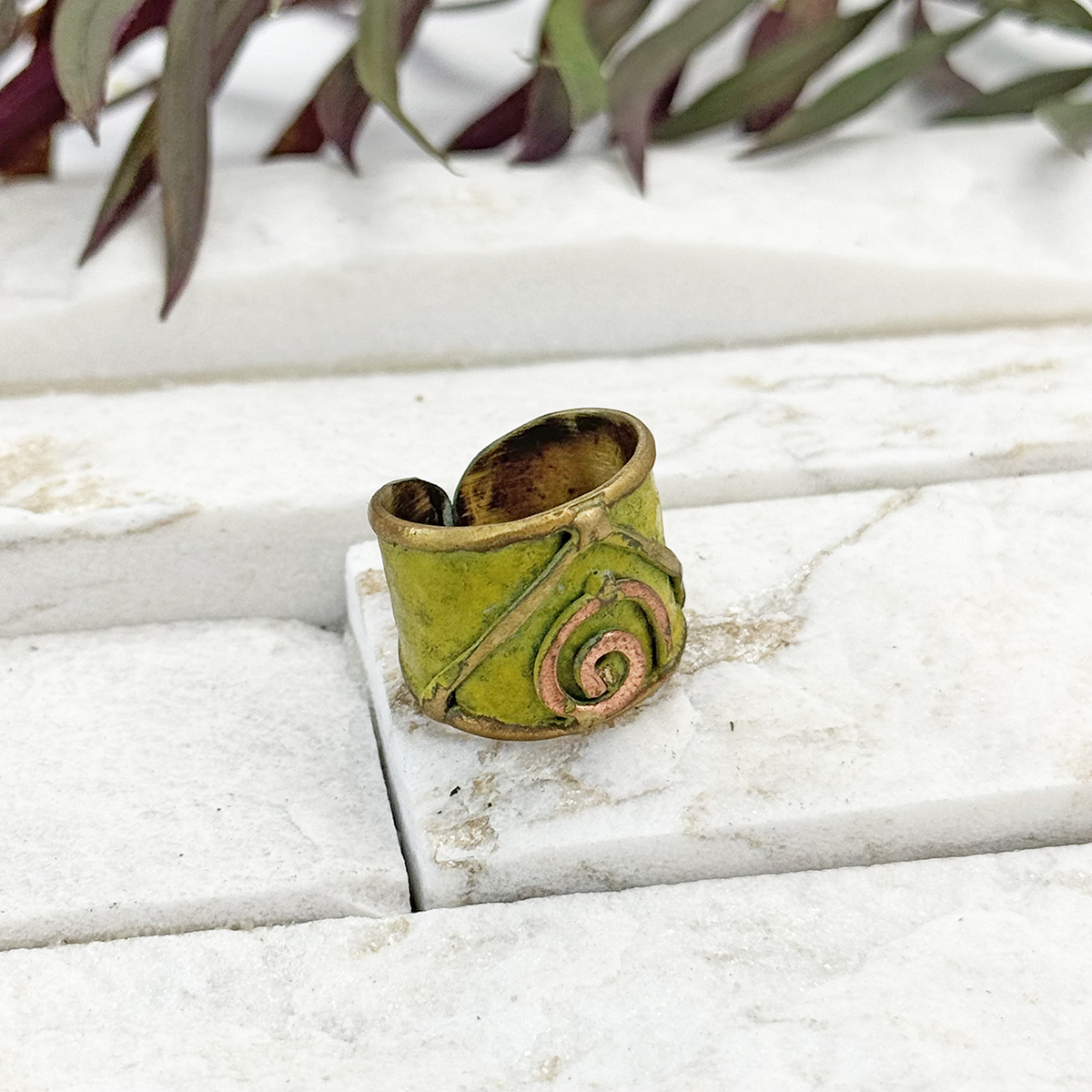 Handcrafted Olive Green & Copper Spiral Brass Patina Ring
