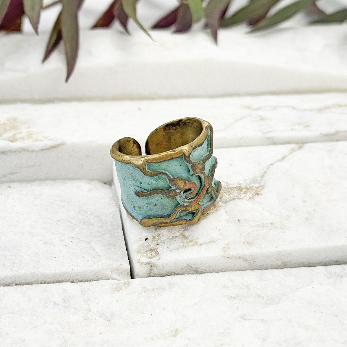 Handcrafted Verdigris River Swirl Brass Patina Ring